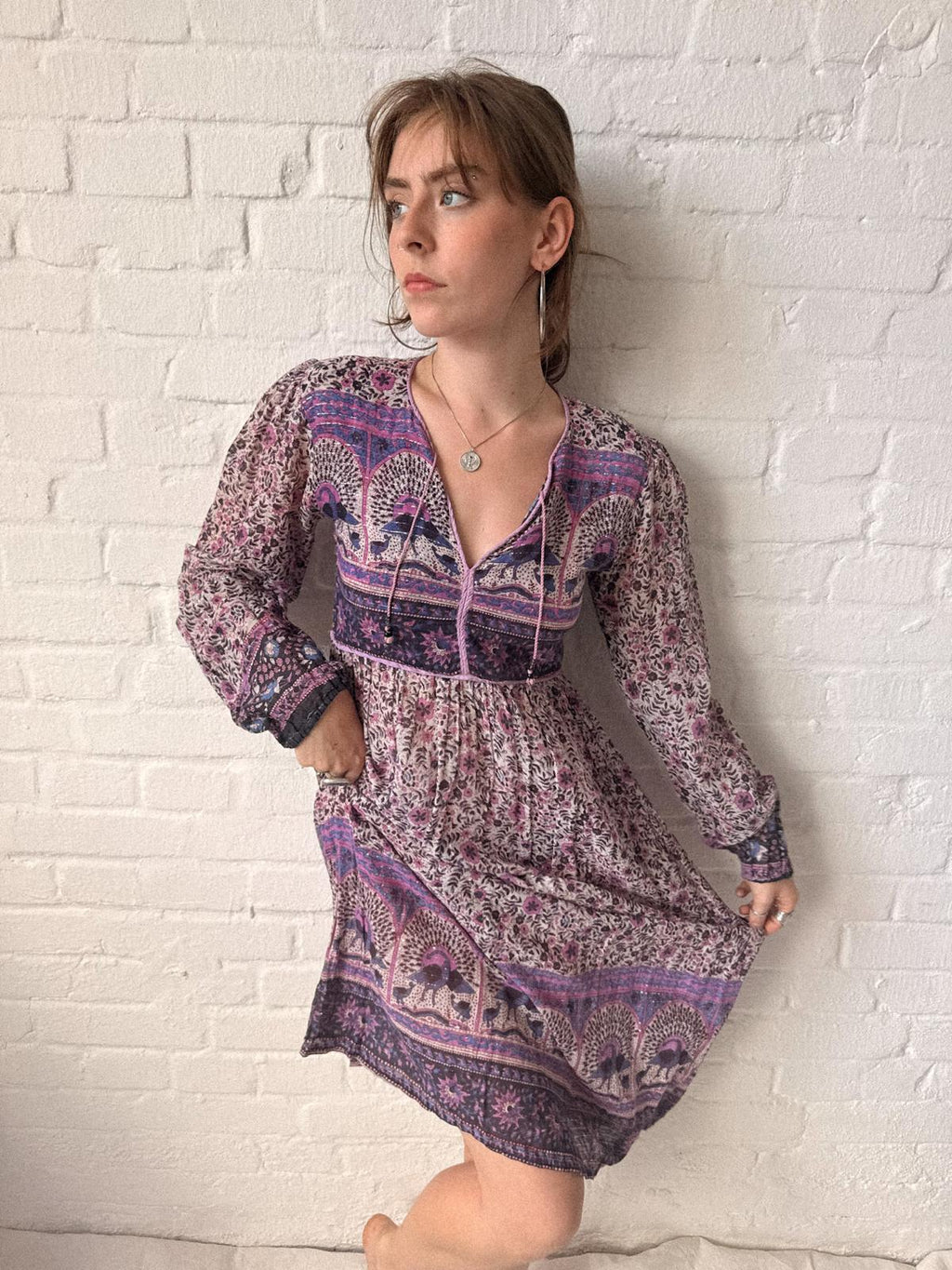 1970s Indian Cotton Gauze and Lurex Peacock Print Dress