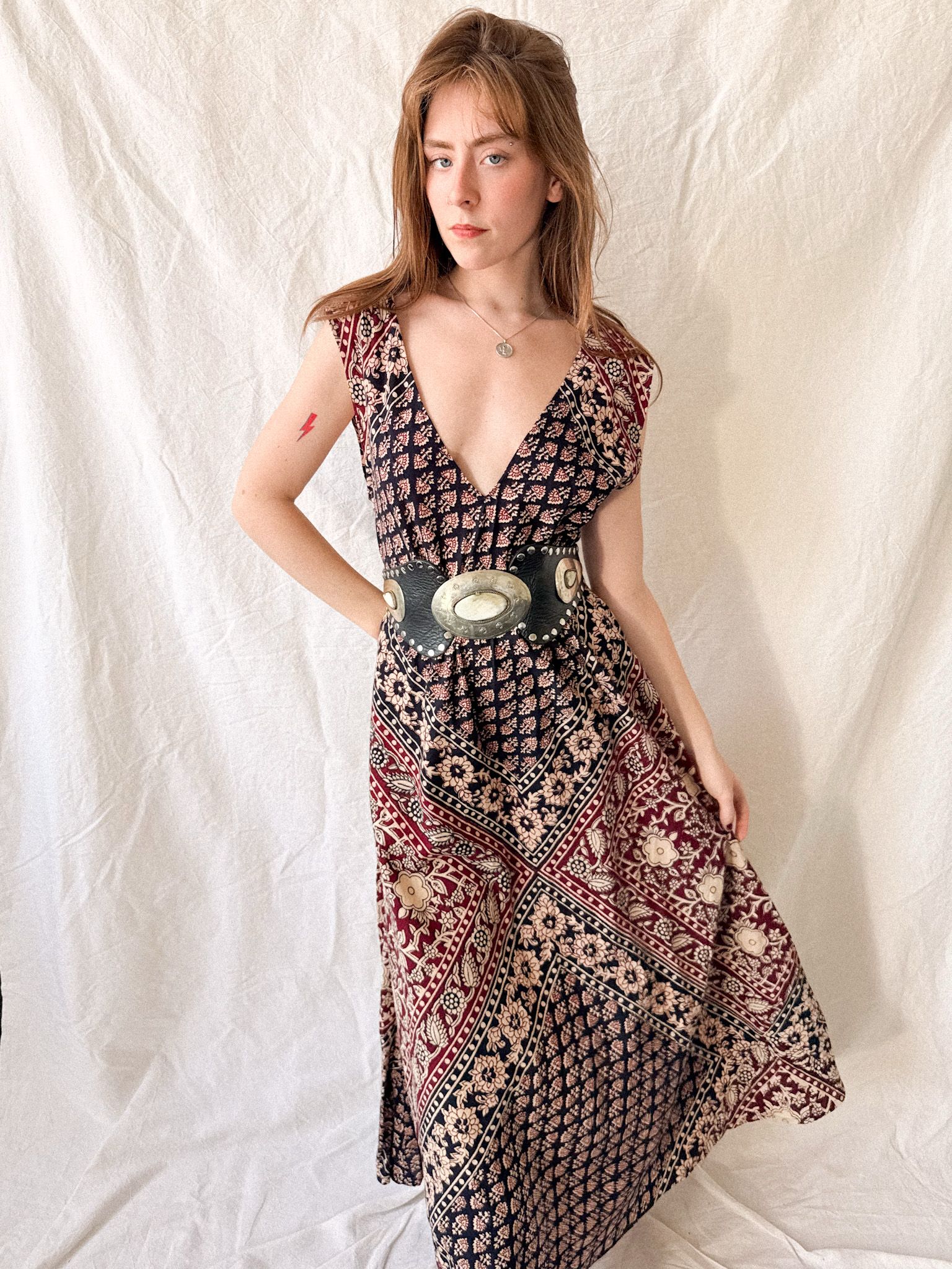 1970s Indian Block Print Cotton Caftan Dress