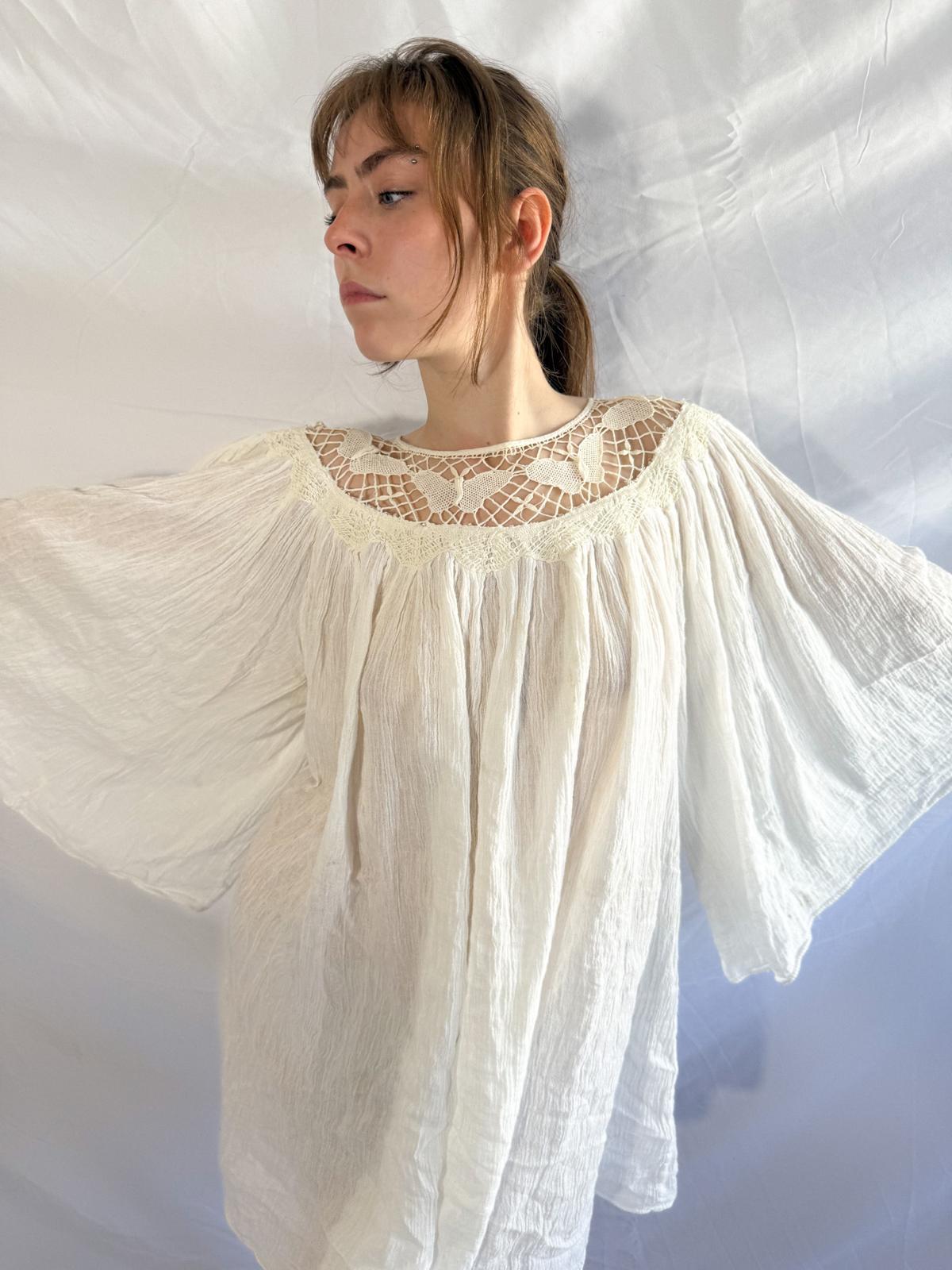 1970s Cotton Gauze Tunic with Butterfly Crochet Neckline