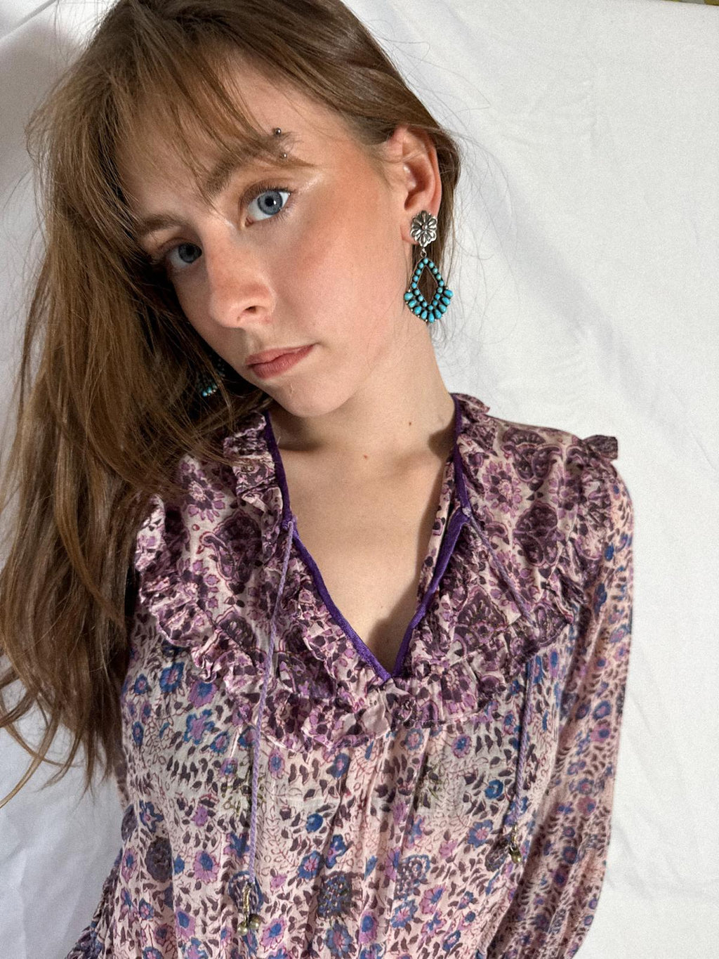 1970s Indian Cotton Gauze Block Print Prairie-Style Dress with Ruffled Neckline and Drawstring Waist