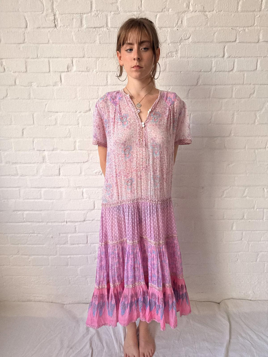 1970s Adini Indian Cotton Gauze Block Print Summer Dress