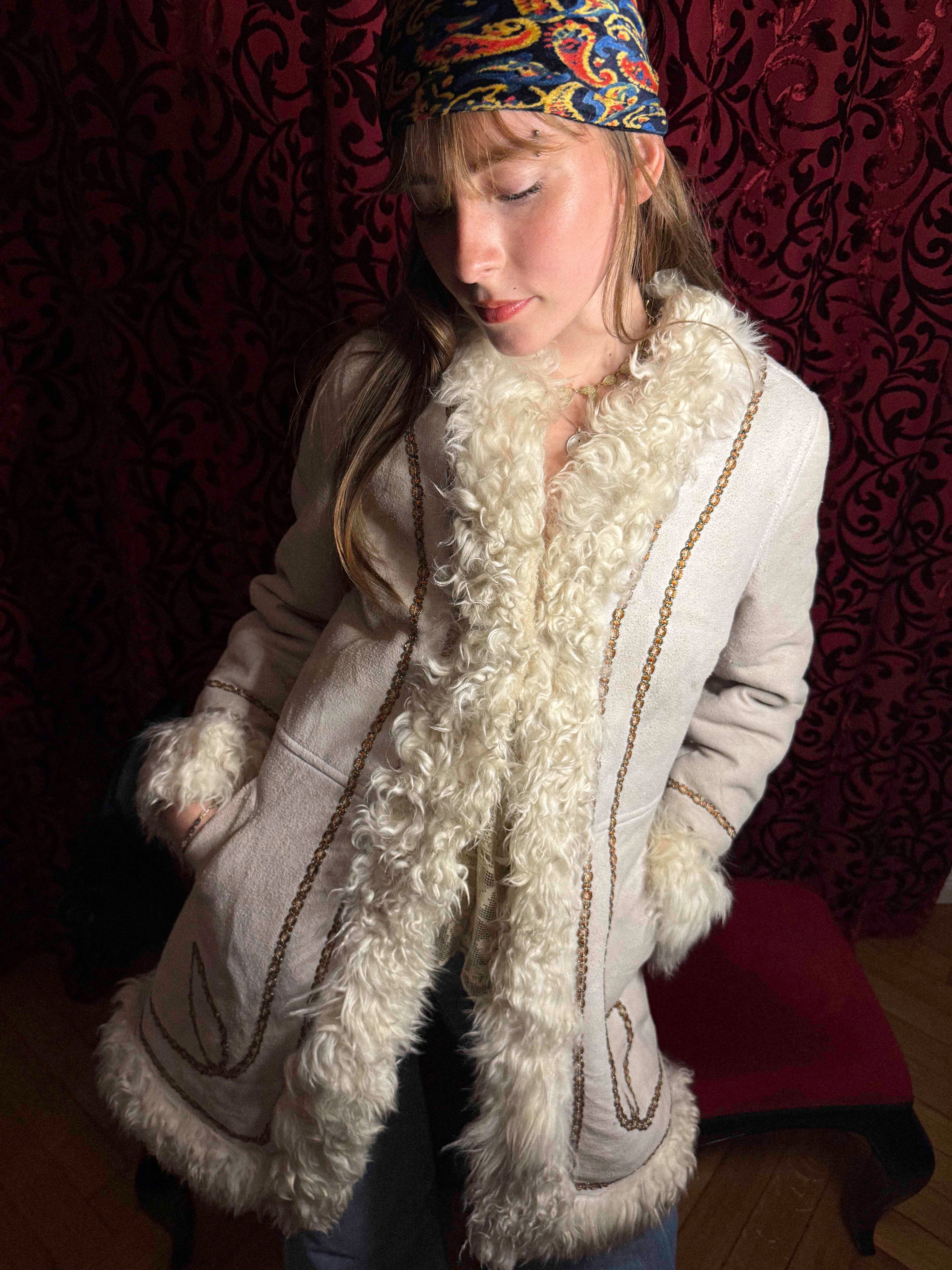 Rare 1970s Mongolian Sheepskin Coat in Soft Cream Suede