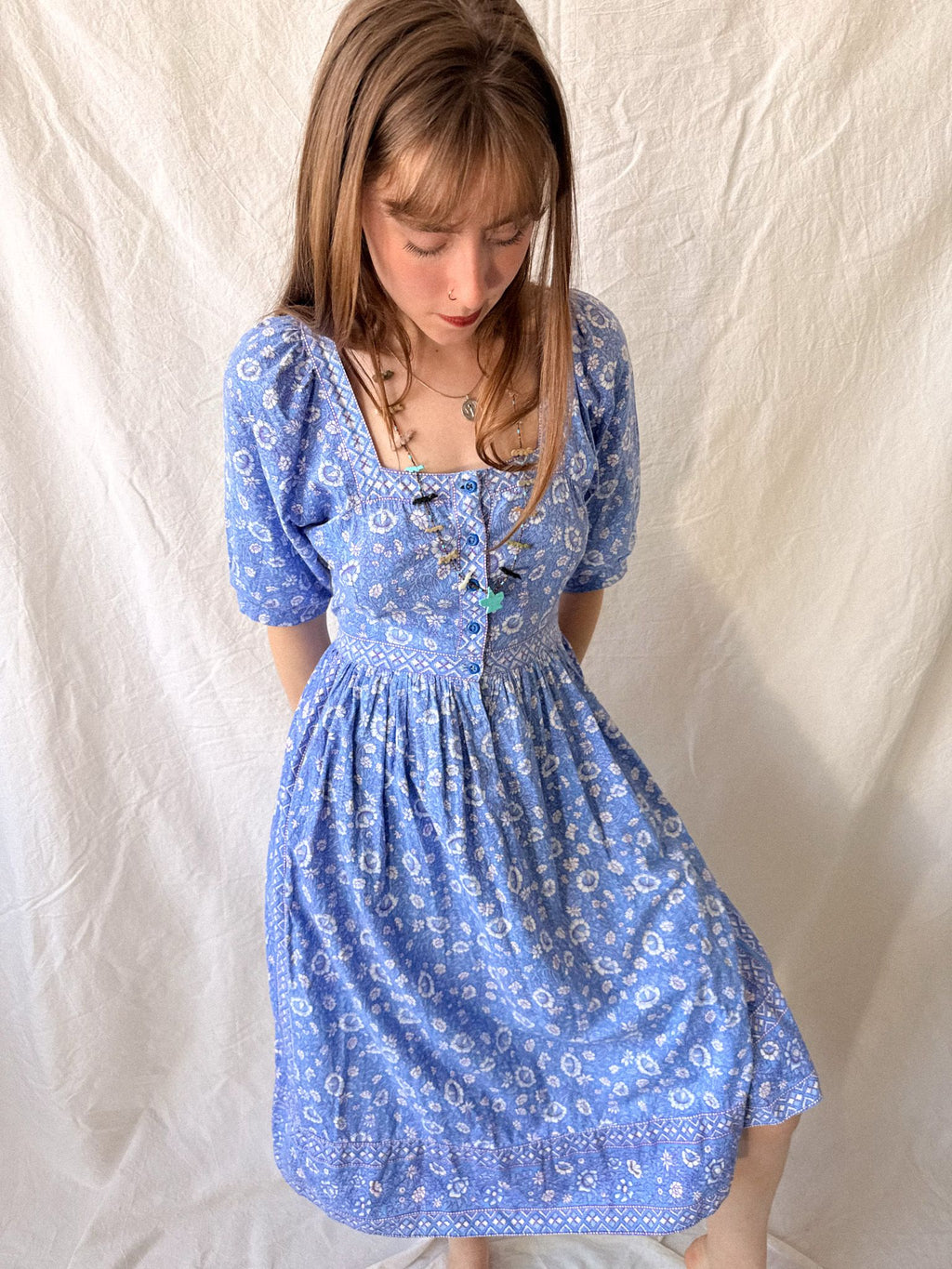 1970s Ritu Kumar for Rosafi Indian Blockprint Cotton Prairie Summer Dress