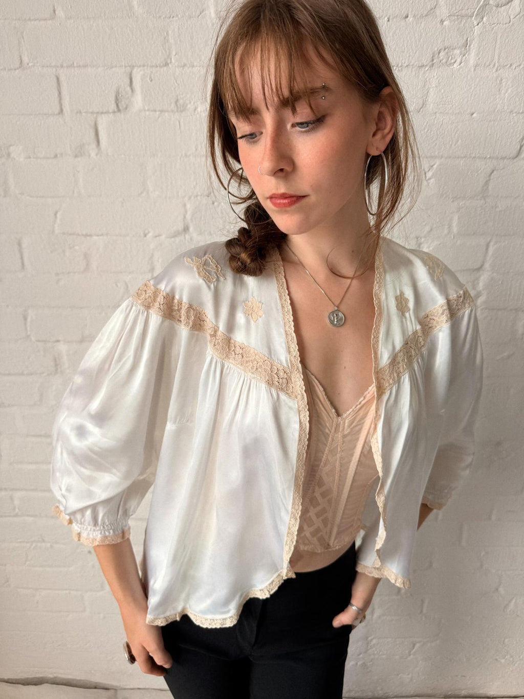 1930s Ivory Liquid Satin Bed Jacket