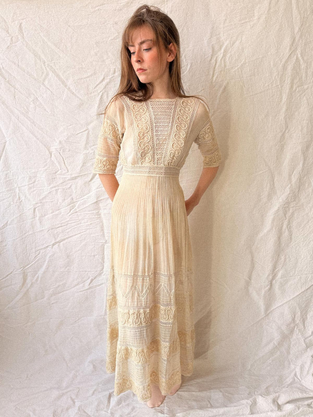 Edwardian Soutache & Lace Gauze Dress | Antique Cream Cotton Dress | Edwardian Lawn Dress | c. 1905–1915