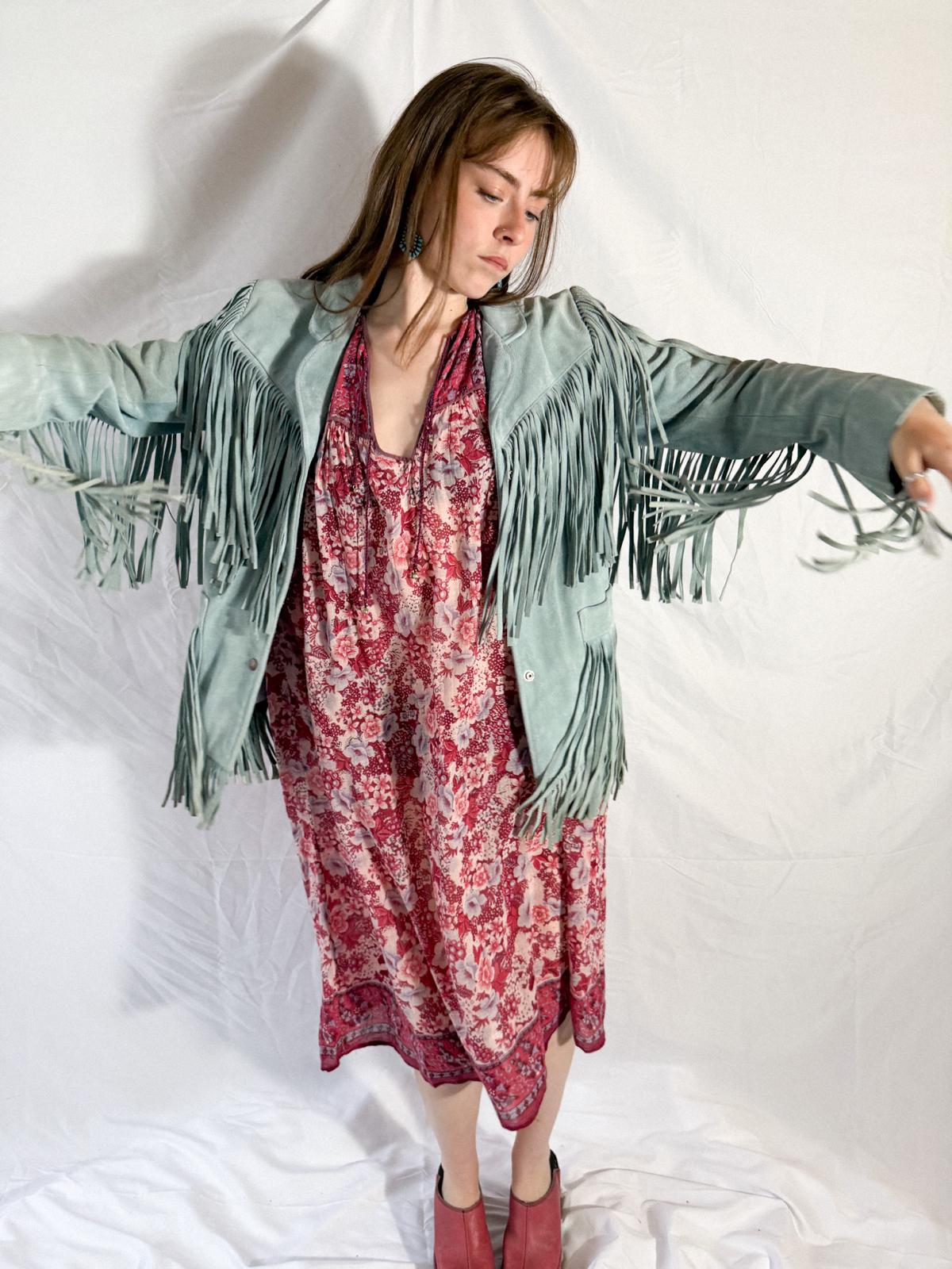 1970s Mint Green Suede Fringe Jacket