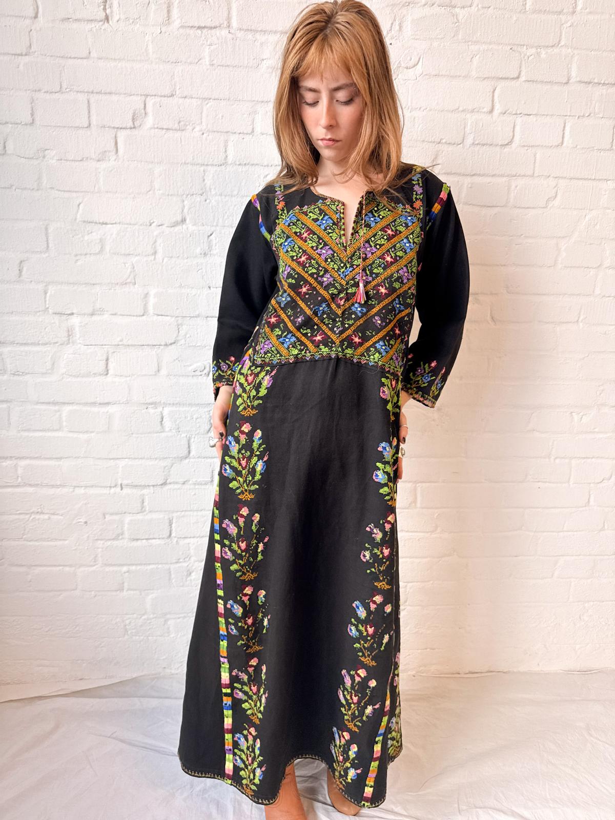 Vintage 1940s–60s Palestinian Embroidered Black Thobe Dress
