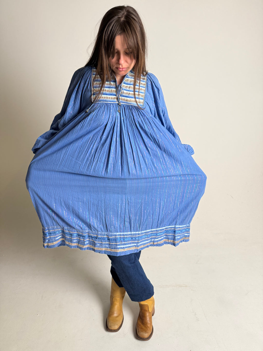 1970s Cotton Gauze and Lurex Dress