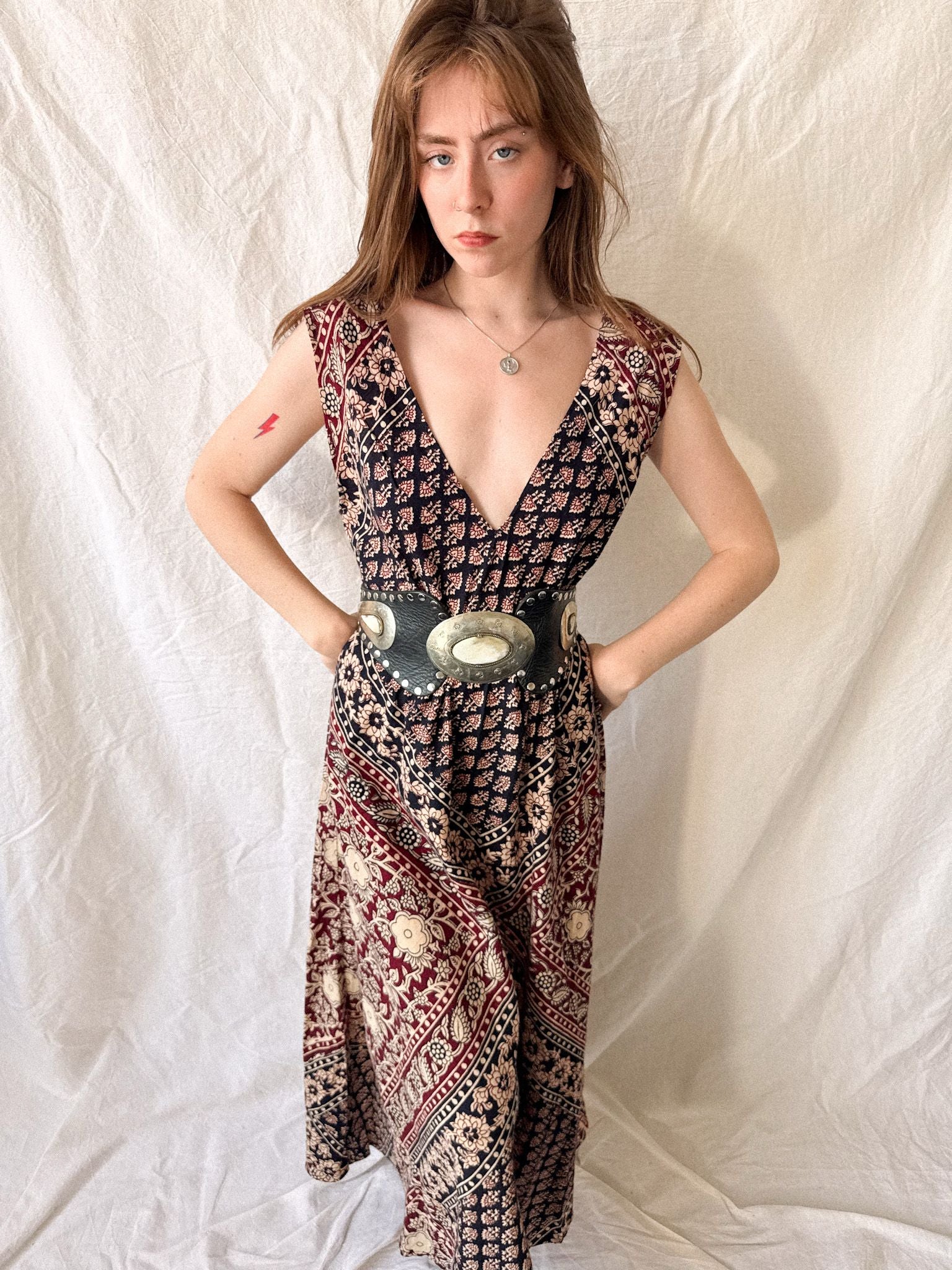 1970s Indian Block Print Cotton Caftan Dress
