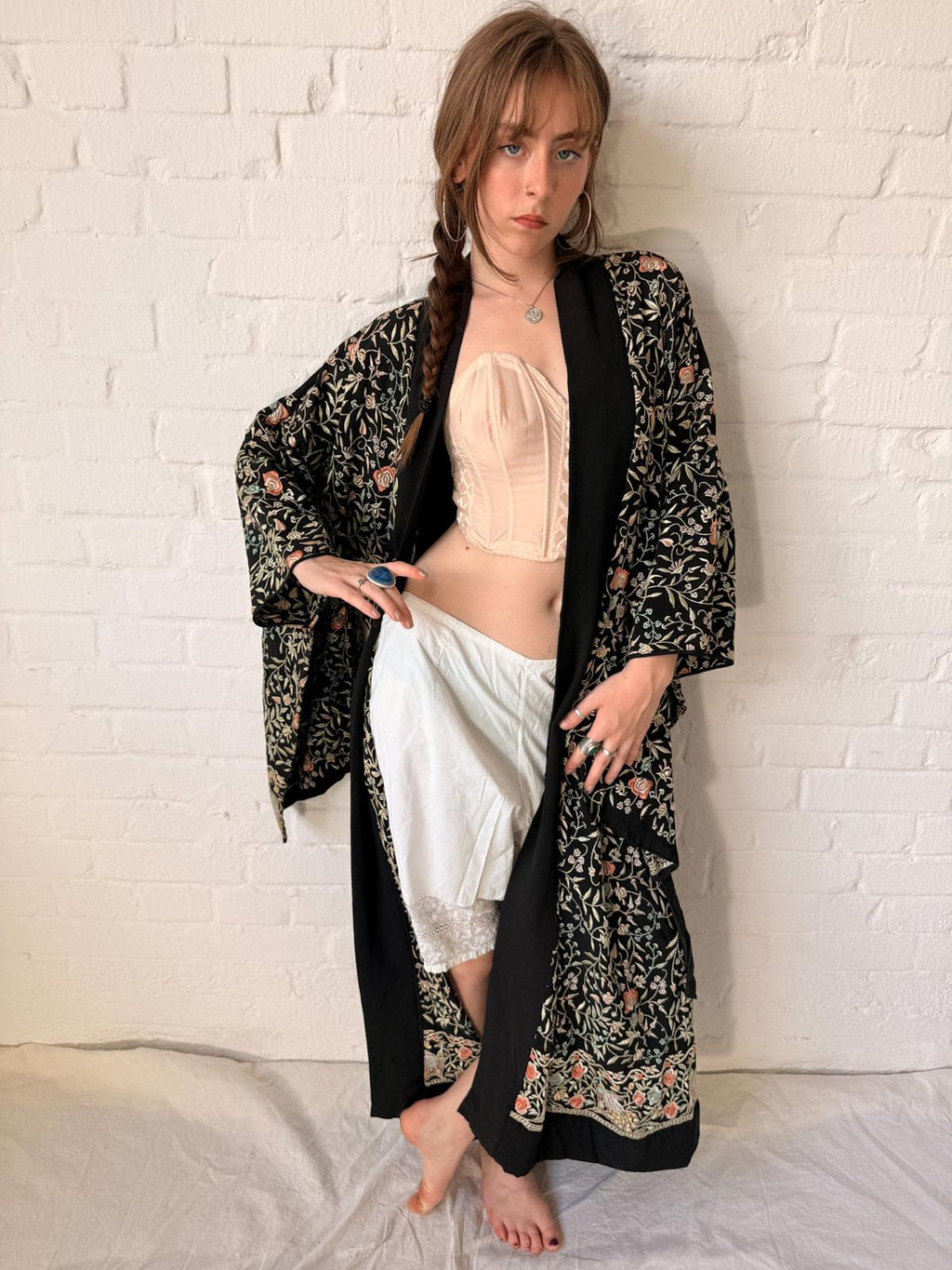 1920s Embroidered Peacock Hostess Kimono-Style Robe