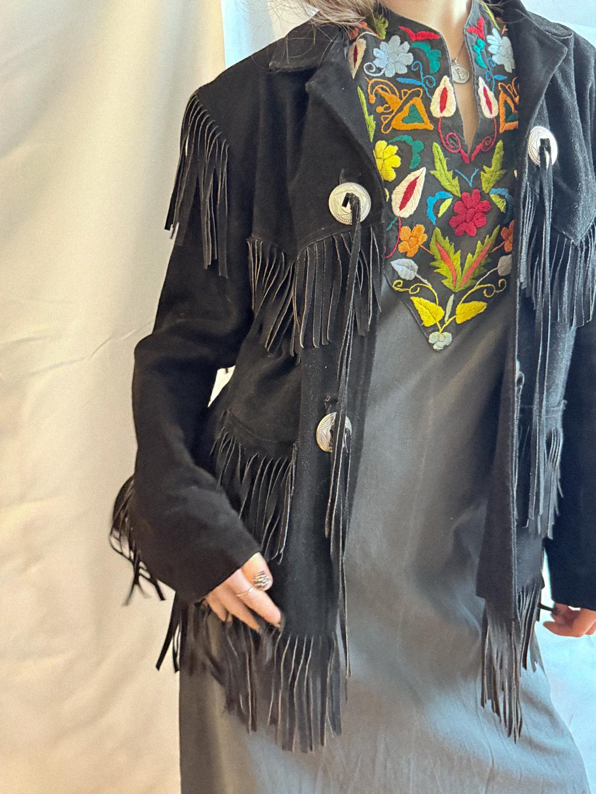 1970s/80s  Black Suede Fringe Jacket with Silver Conchos Unisex