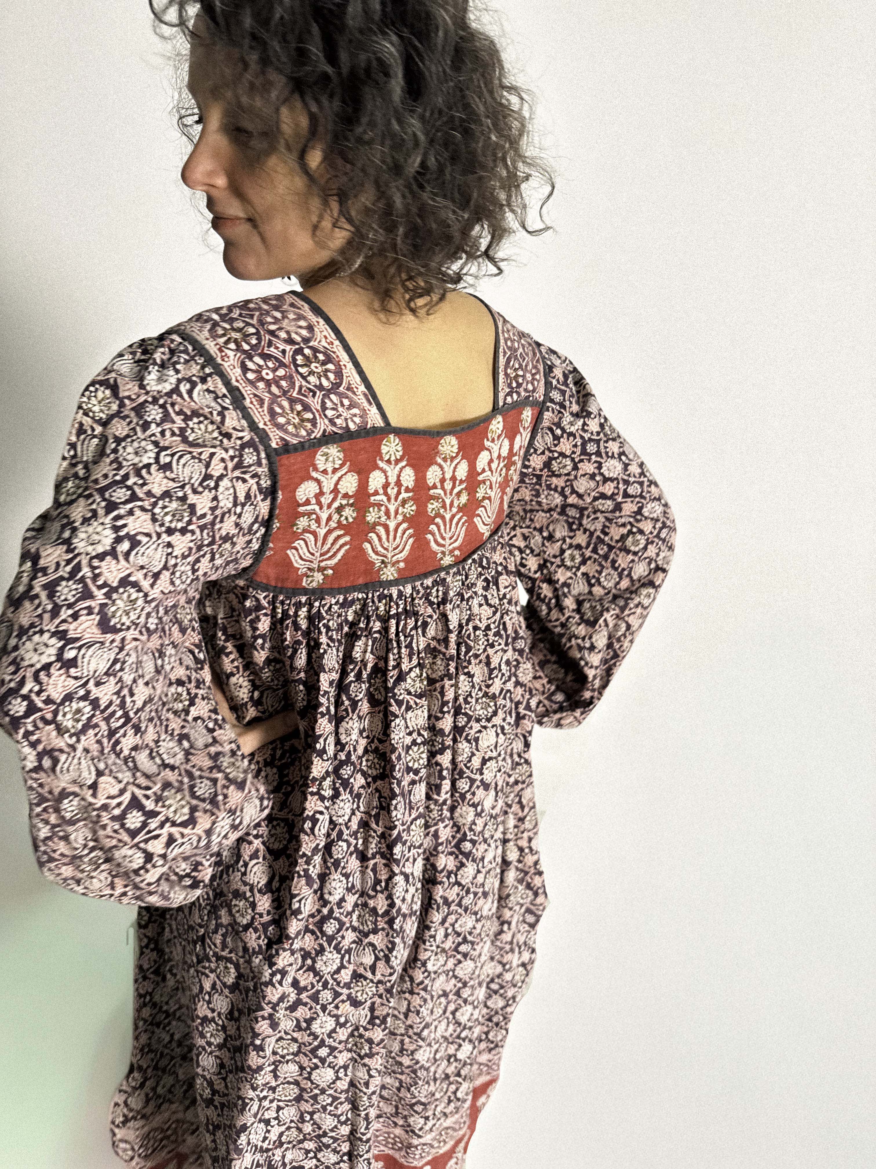 1970s Indian Block Print Cotton Dress with Empire Cut