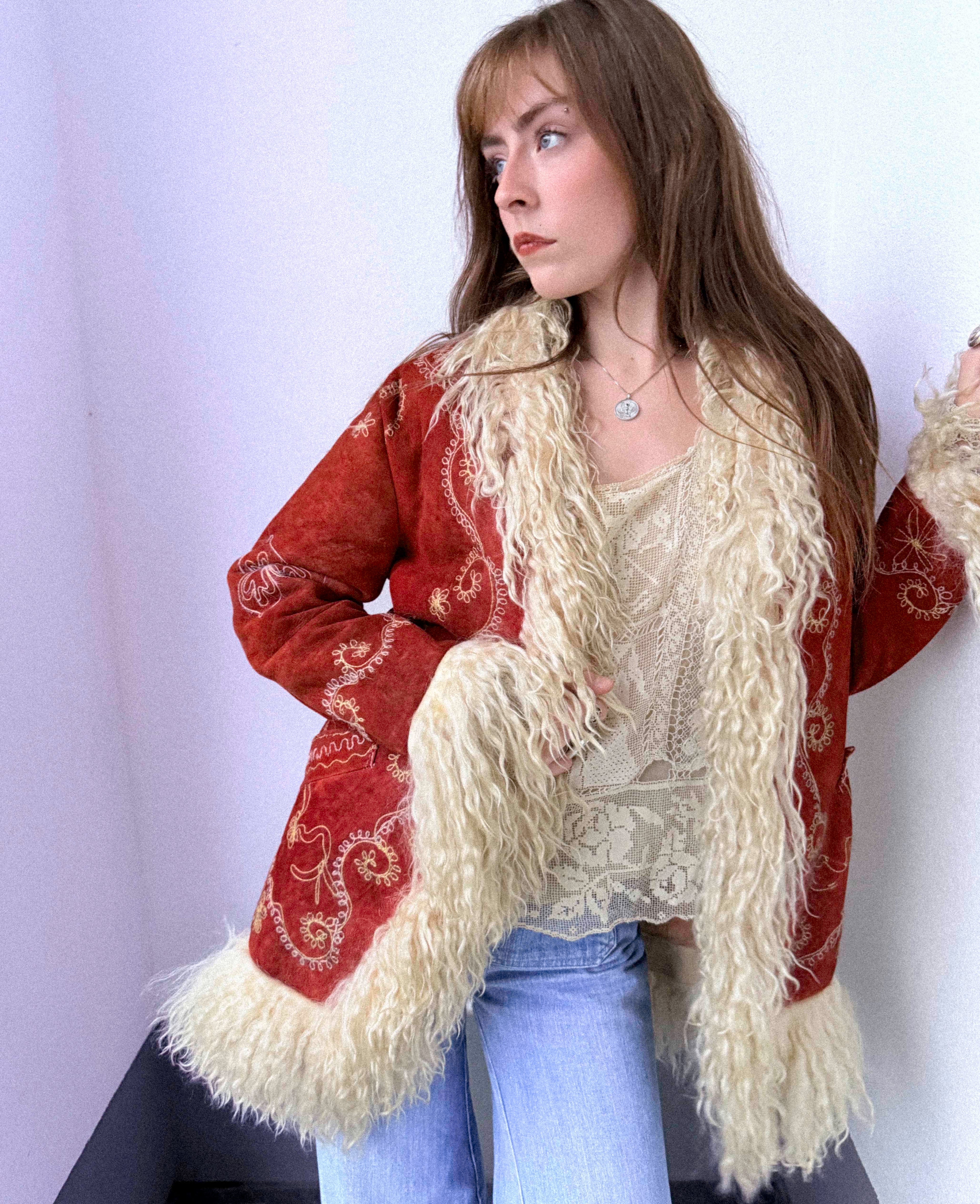 Rare 1960s Afghan Suede Lamb Shearling Penny Lane Coat – Tomato Red with Cream Trimmings