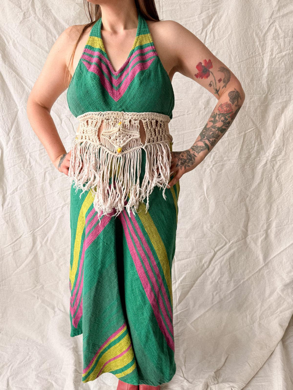 1970s Handwoven Halterneck Maxi Summer Dress with Macramé Fringe Waist Detail