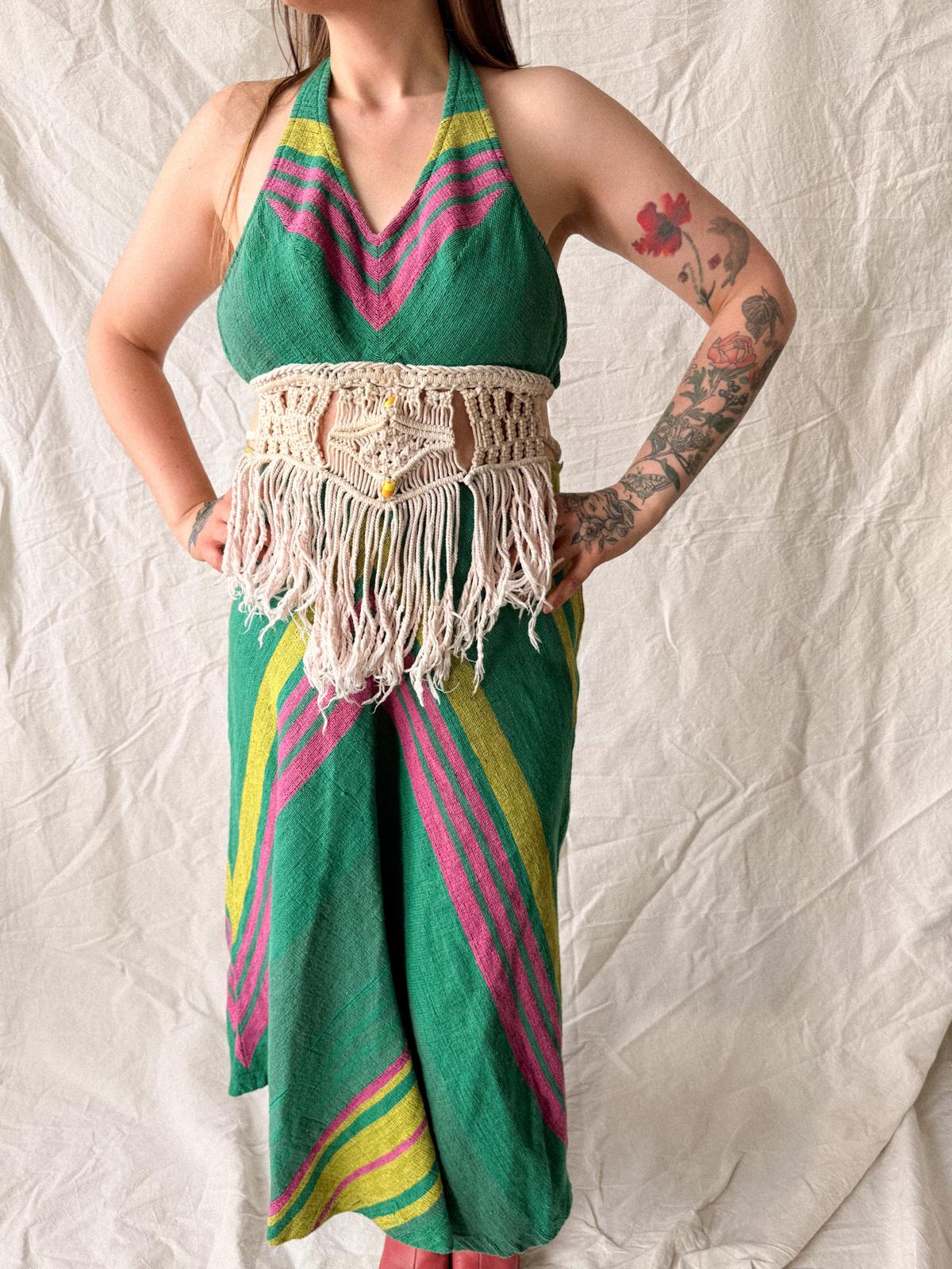 1970s Handwoven Halterneck Maxi Summer Dress with Macramé Fringe Waist Detail
