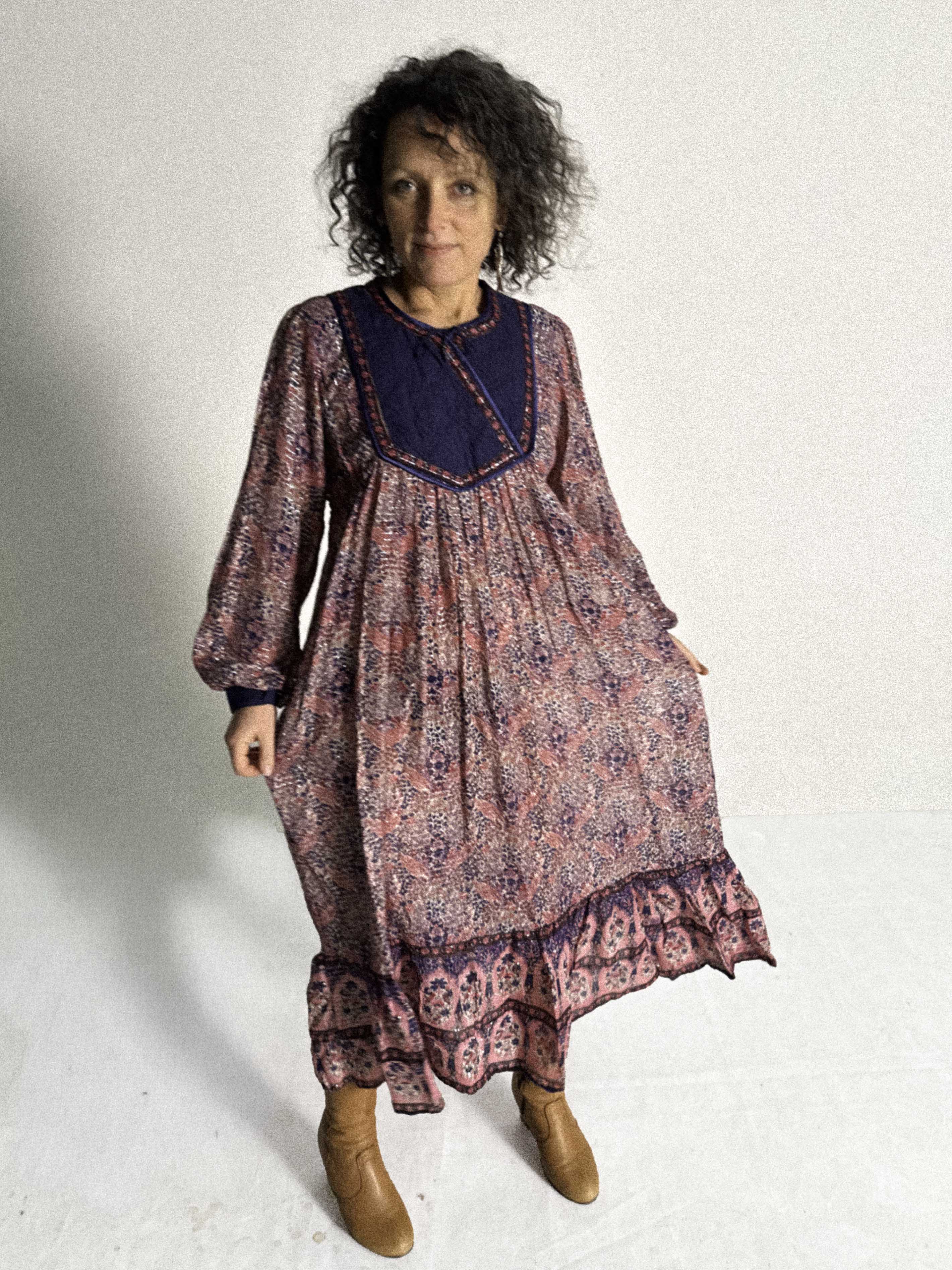 1970s Indian Cotzon Gauze Dress with Silver Lurex and Quilted Yoke