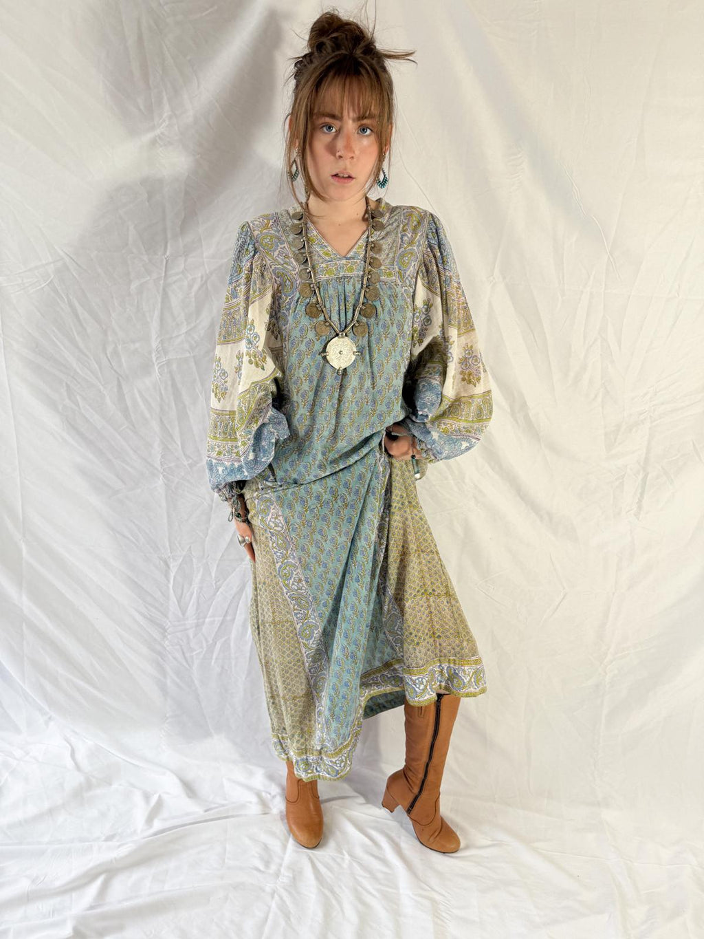 1970s Cotton Gauze Maxi Dress with Extravagant Sleeves