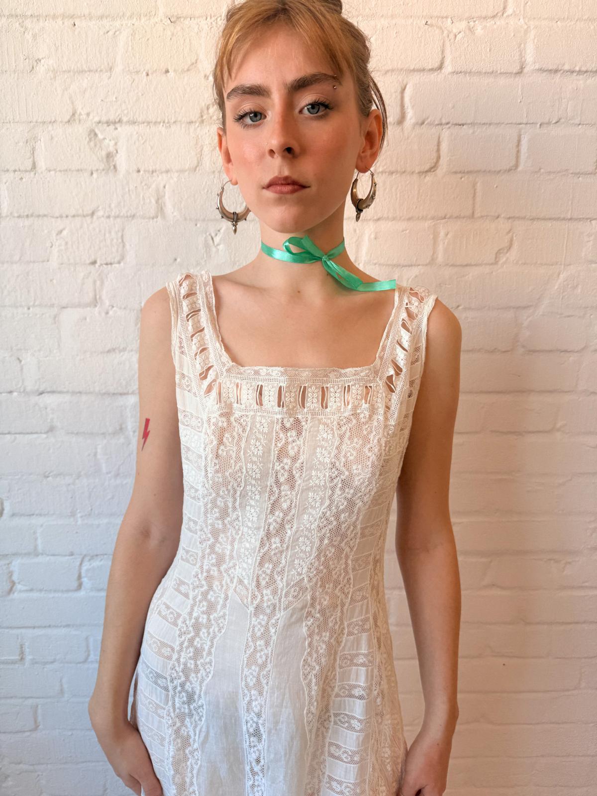 Antique 1910s Edwardian Lace Lingerie Dress – White Cotton & Lace Wedding Dress