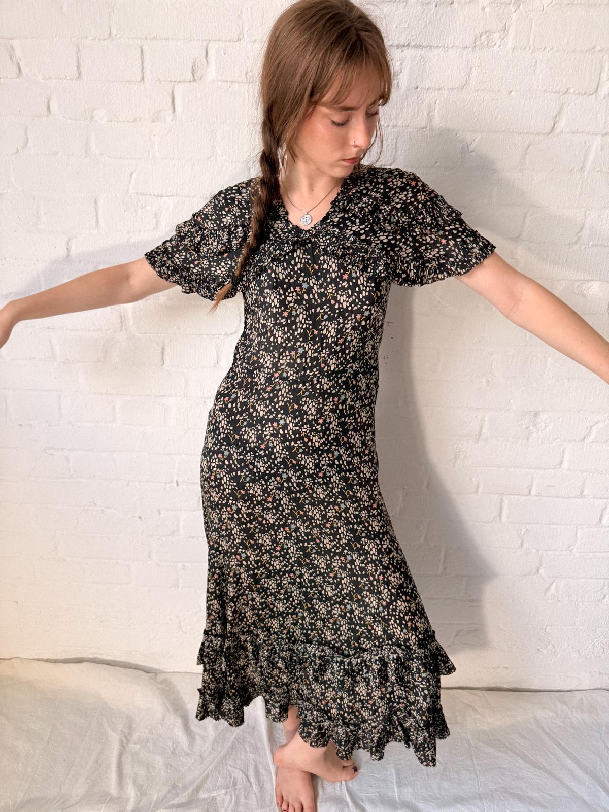 1920s Black Silk Voile Capelet Dress with Pleated Ruffle Hem | Flapper Day Dress | Rare Antique Silk Dress