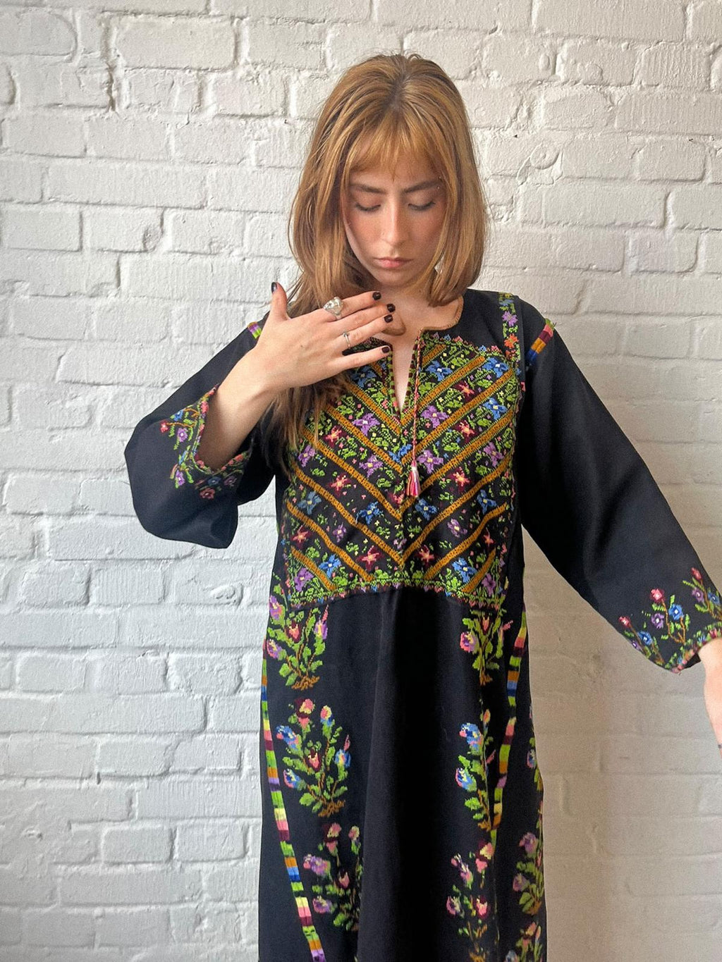 Vintage 1940s–60s Palestinian Embroidered Black Thobe Dress