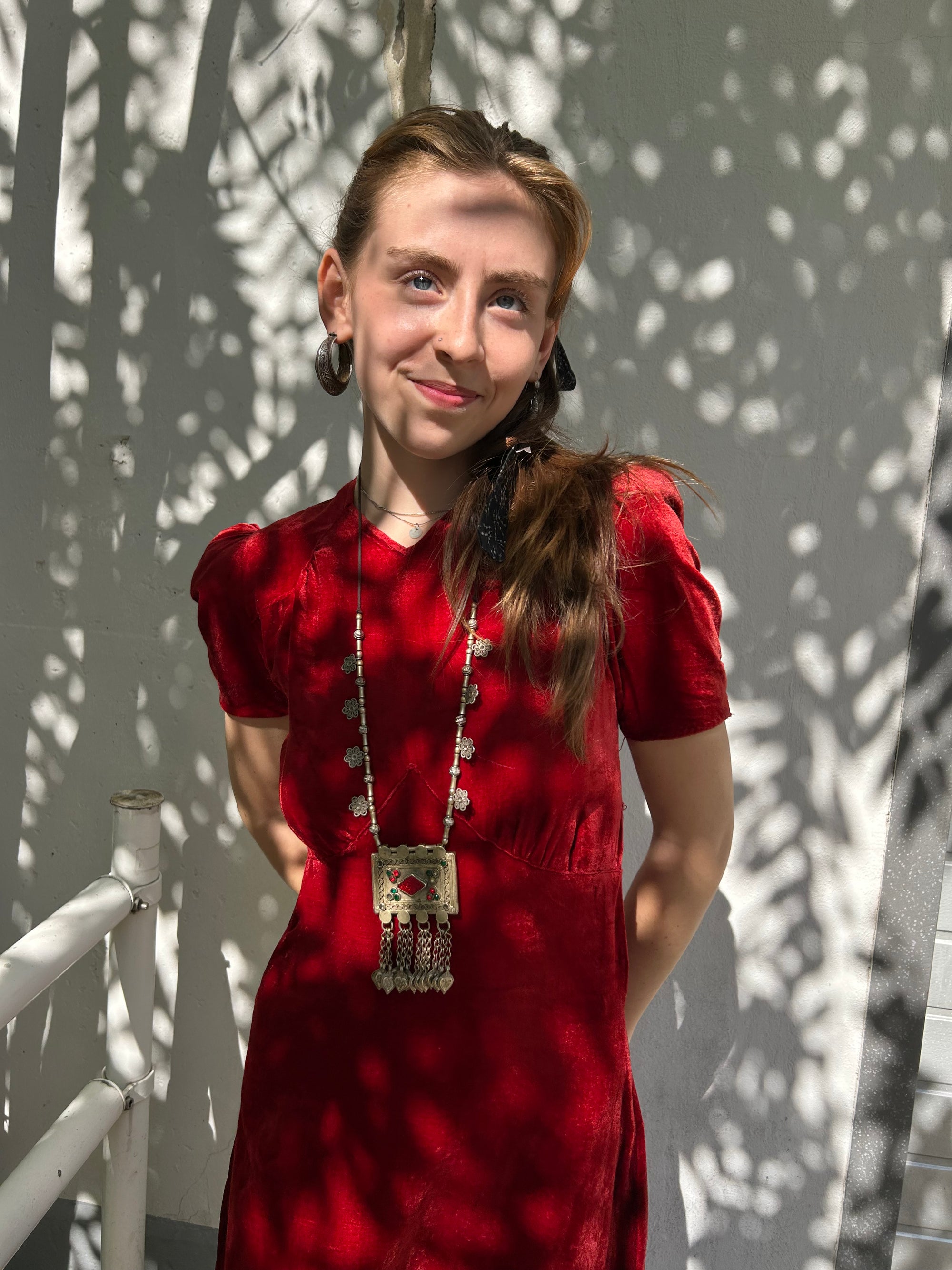 Crimson Silk velvet late 1930s / early 40s Button-Up Dress