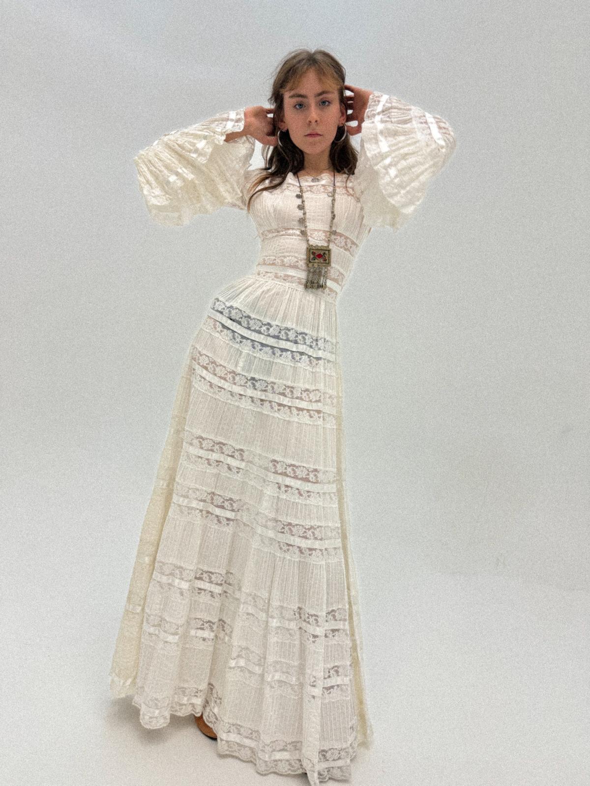 Mexican Cotton Wedding / Bohemian Dress, 1970s