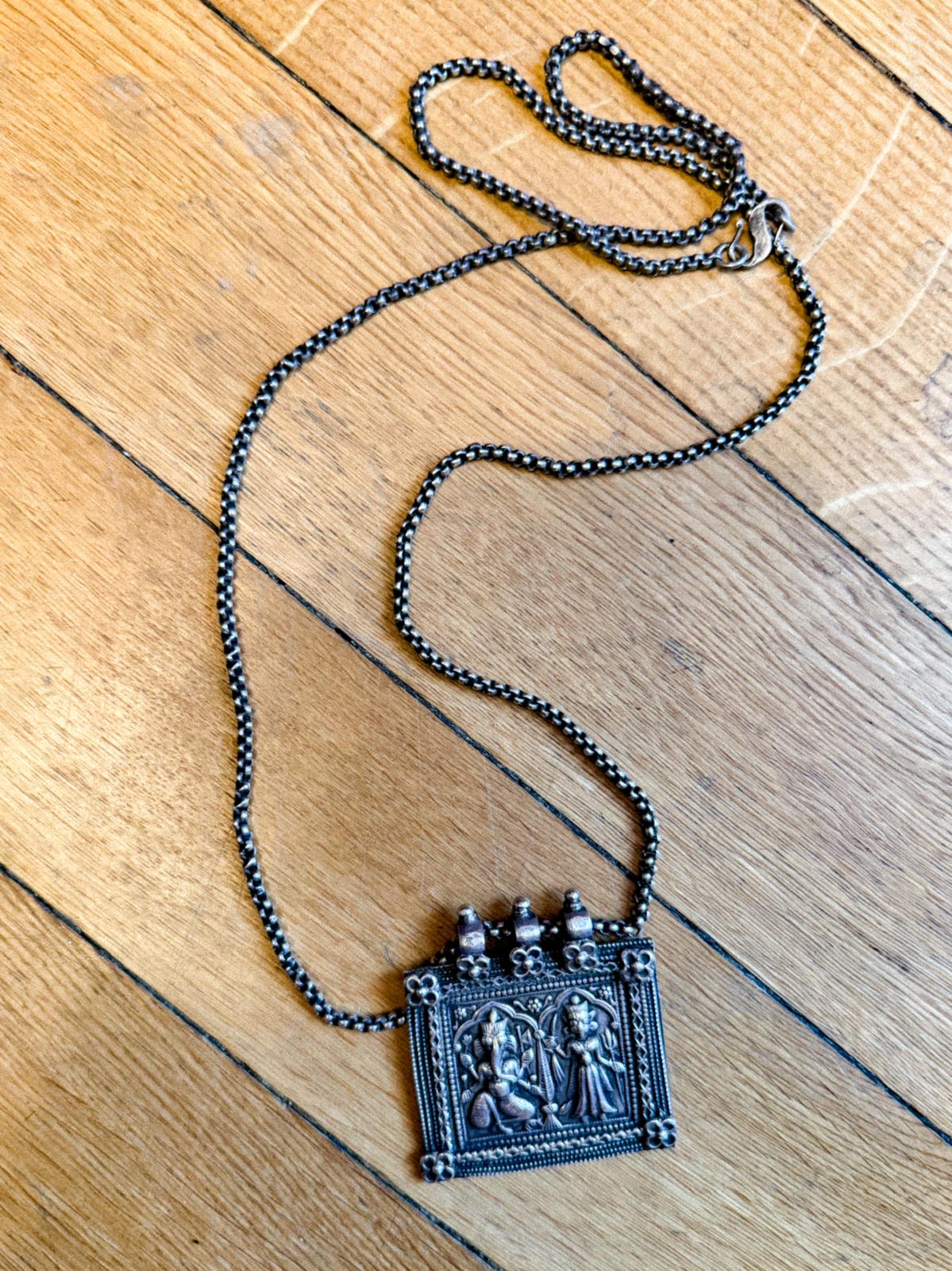 Vintage Indian Silver Devotional Amulet Necklace (Ganesh & Lakshmi)