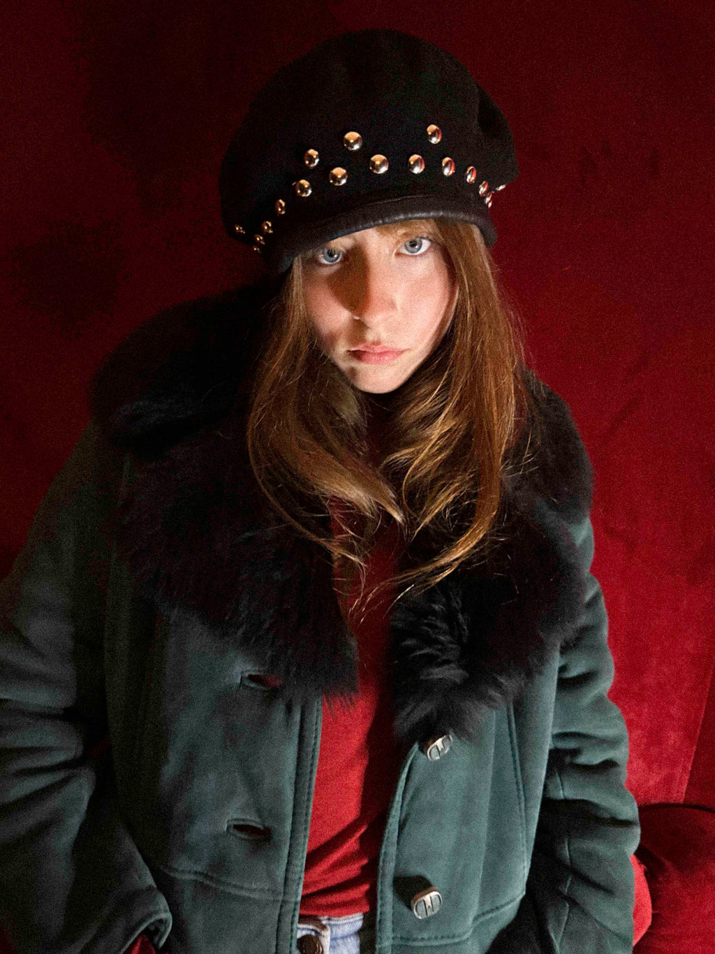1970s Teal Green Shearling Penny Lane Trench Coat with Black Fur Collar – Soft Suede &amp; Ornamental Buttons