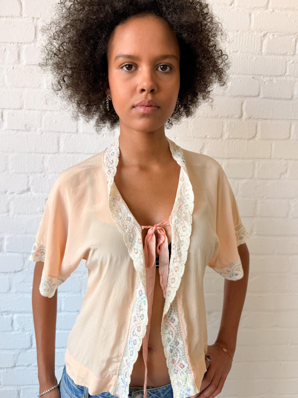 1940s Peach Silk Bed Jacket with Pastel Floral Lace