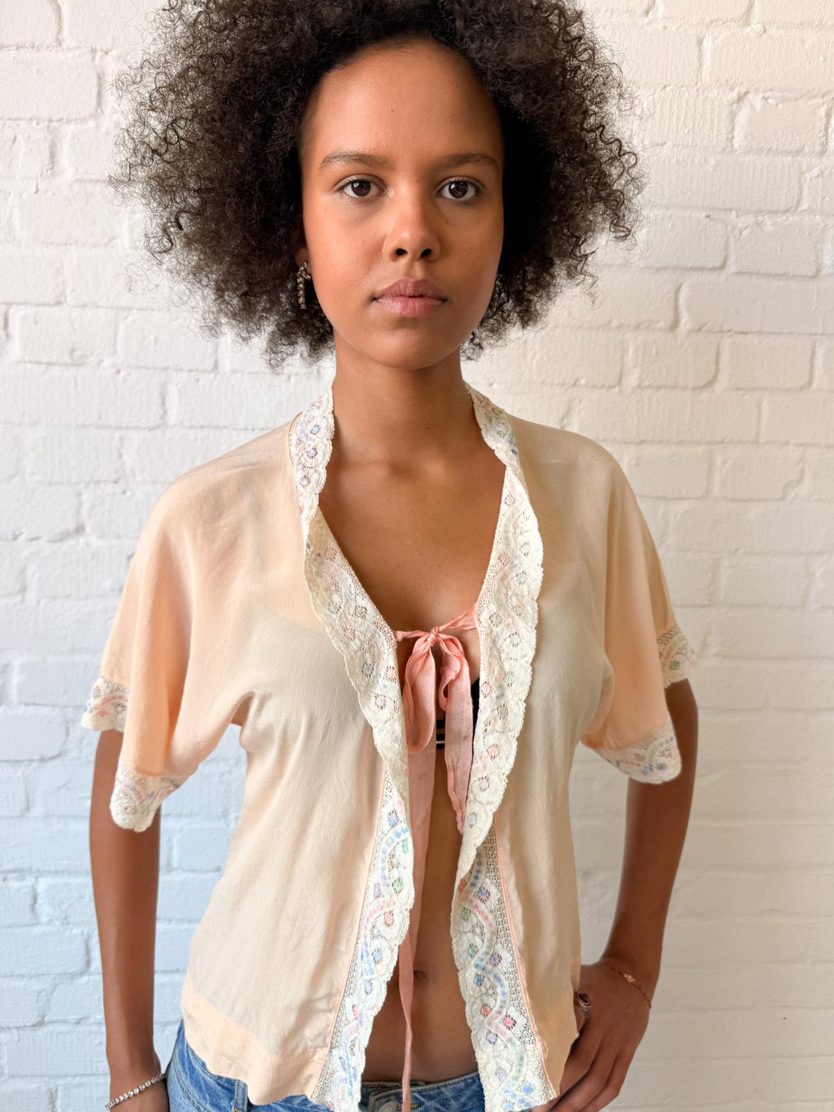 1940s Peach Silk Bed Jacket with Pastel Floral Lace