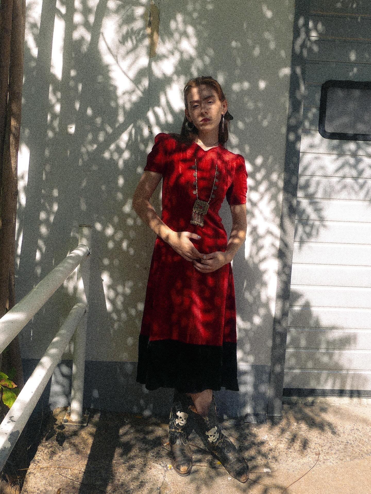 Crimson Silk velvet late 1930s / early 40s Button-Up Dress
