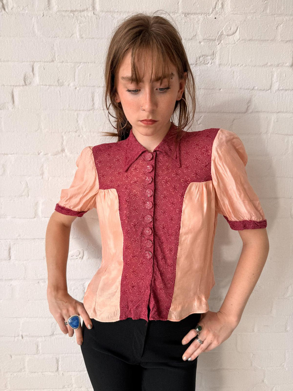 1930s Handmade Peach Satin & Embossed Floral Lace Blouse