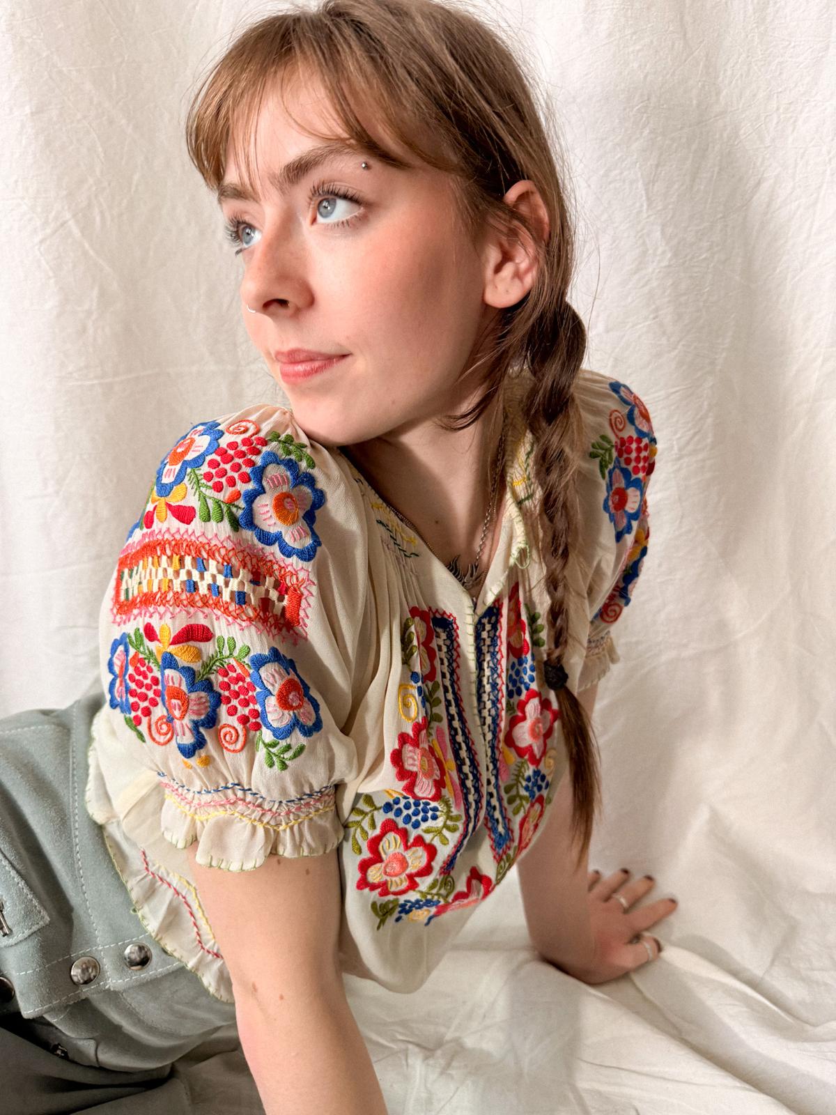 1930s–1940s Hand Embroidered Sheer Folk Blouse