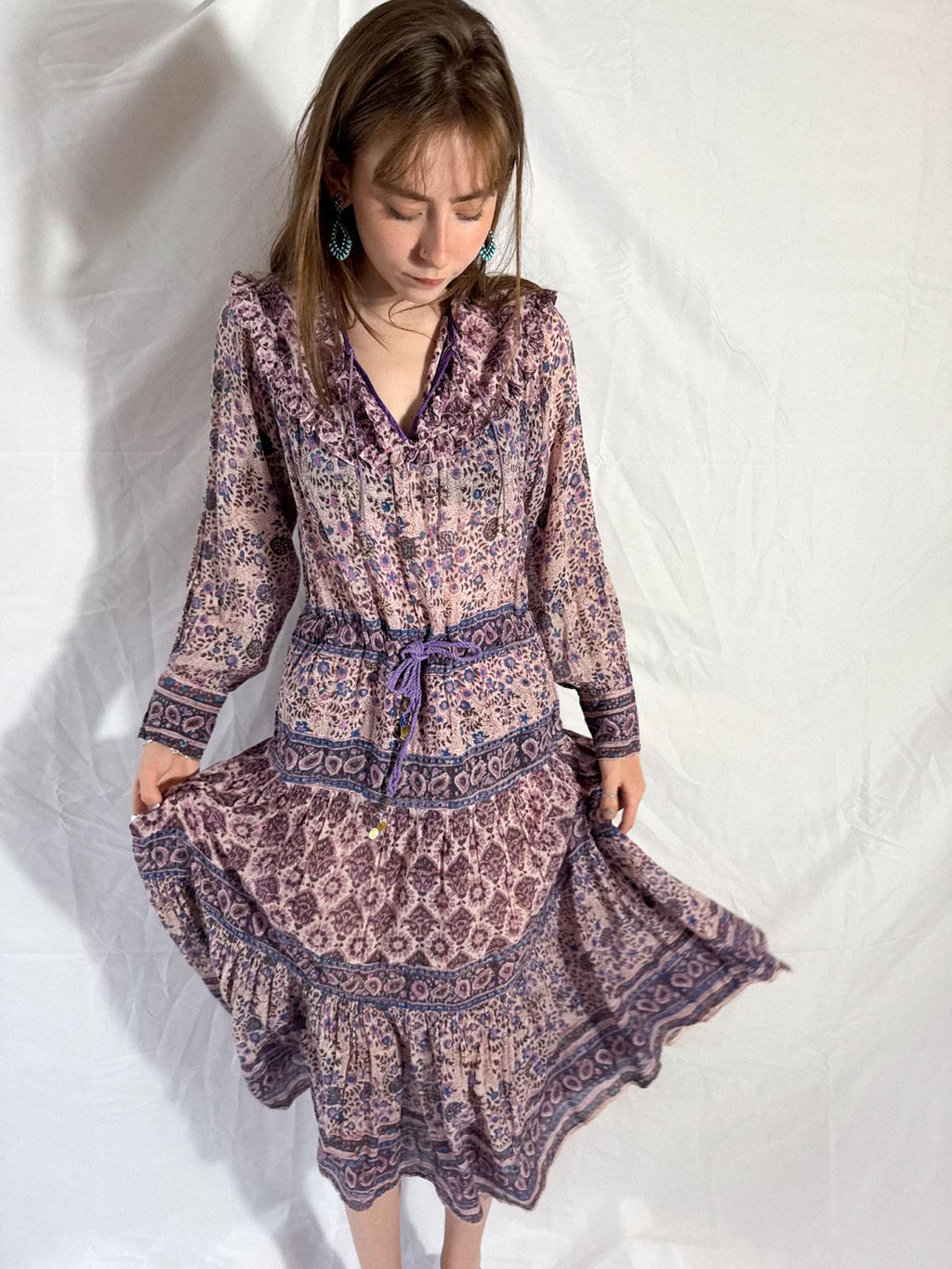 1970s Indian Cotton Gauze Block Print Prairie-Style Dress with Ruffled Neckline and Drawstring Waist