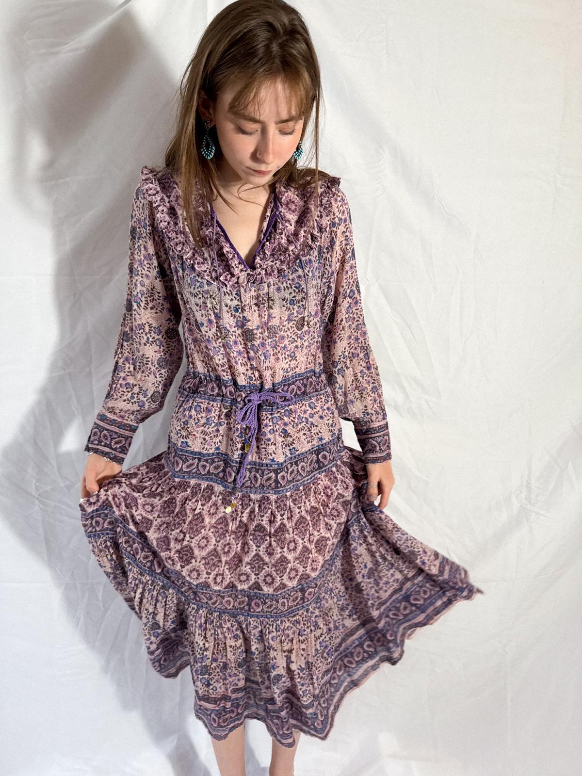 1970s Indian Cotton Gauze Block Print Prairie-Style Dress with Ruffled Neckline and Drawstring Waist