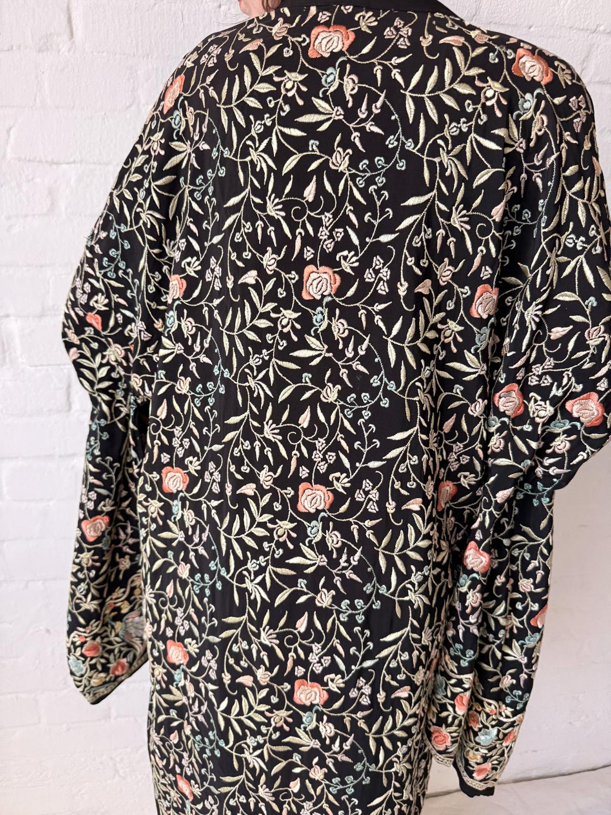 1920s Embroidered Peacock Hostess Kimono-Style Robe