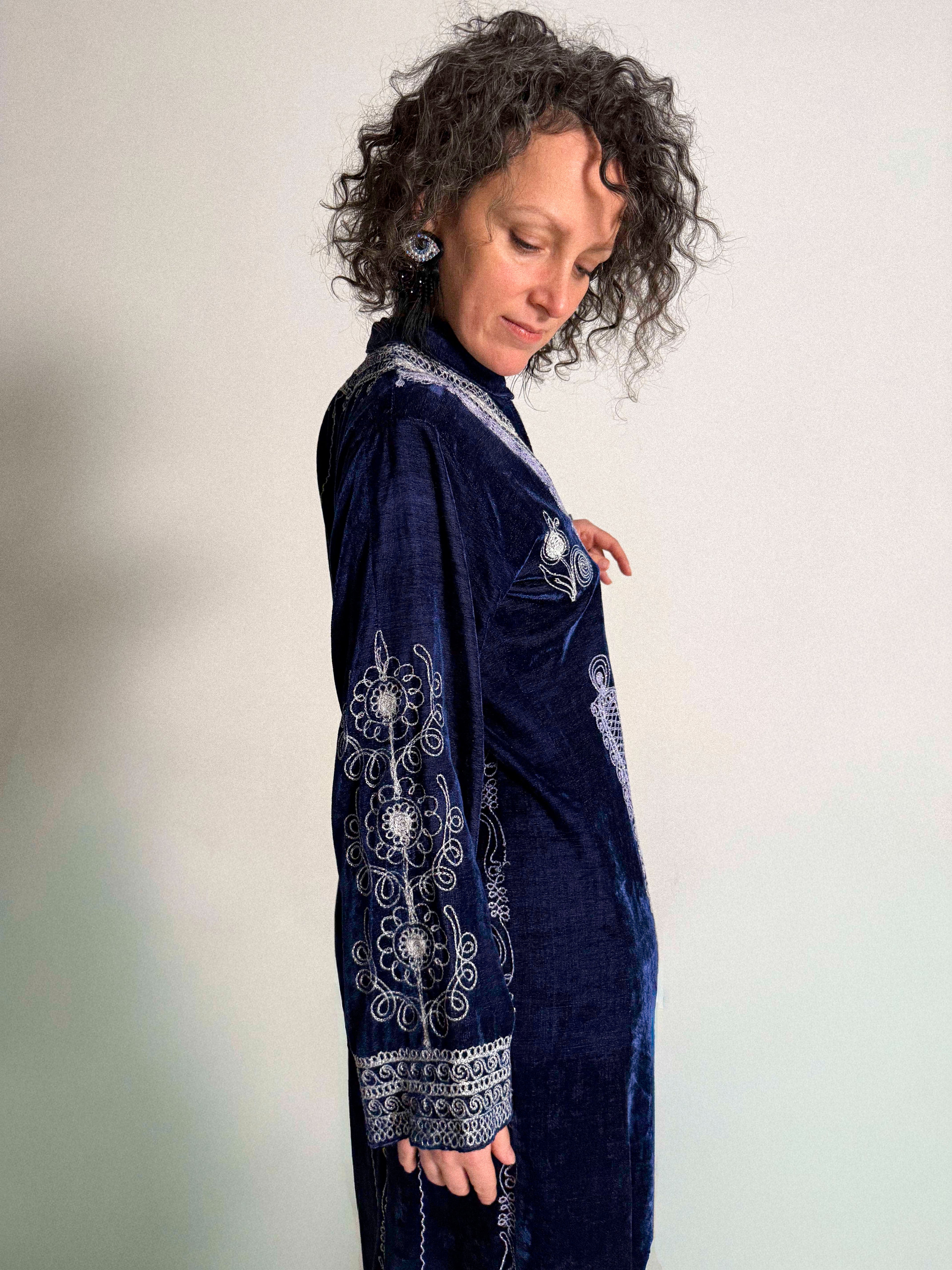 1970s Blue Velvet Moroccan Caftan