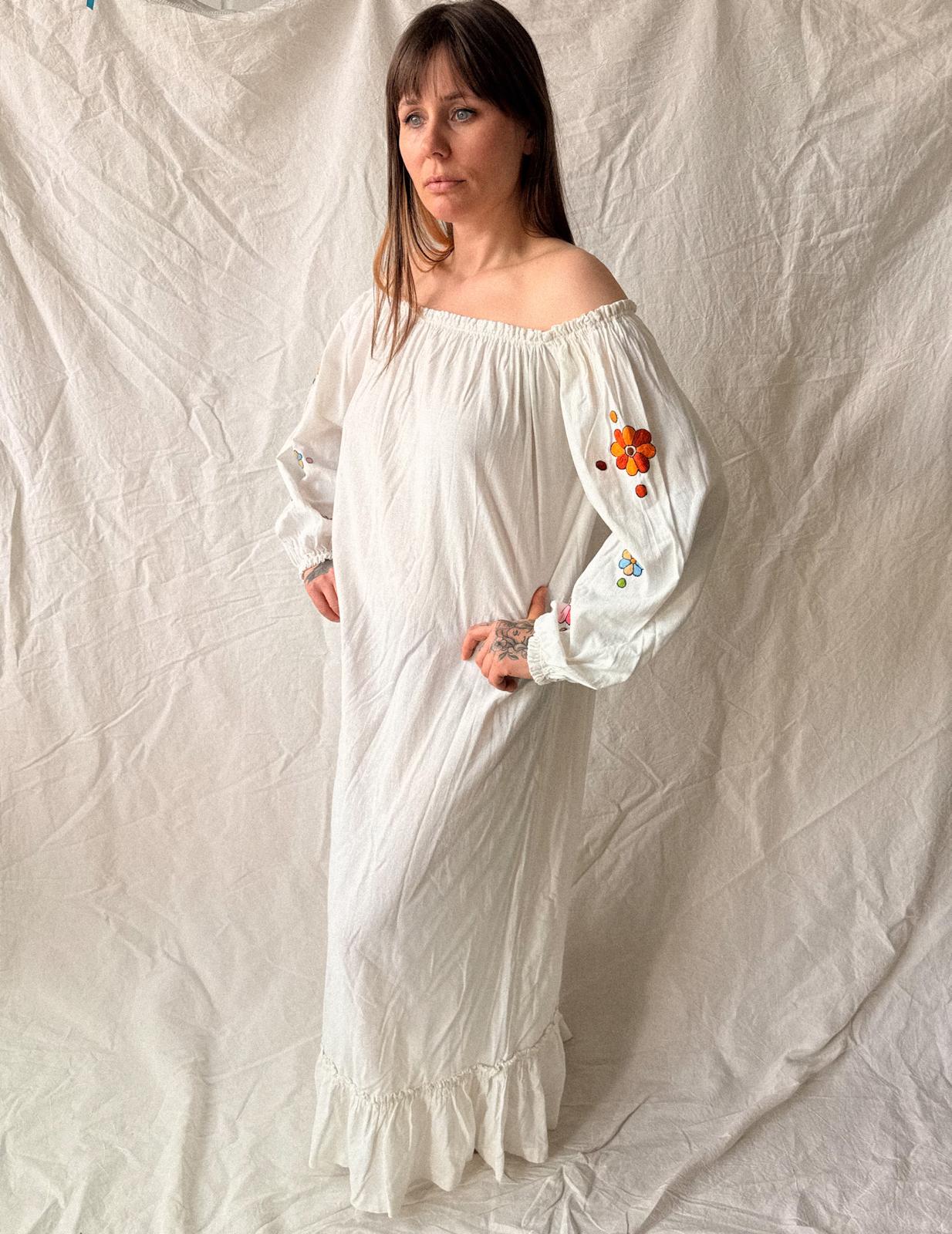 1970s Ecuadorian Embroidered Cotton Peasant Dress, Off Shoulder Prairie Maxi, White Folk Dress