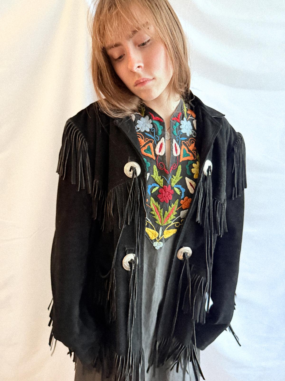 1970s/80s  Black Suede Fringe Jacket with Silver Conchos Unisex