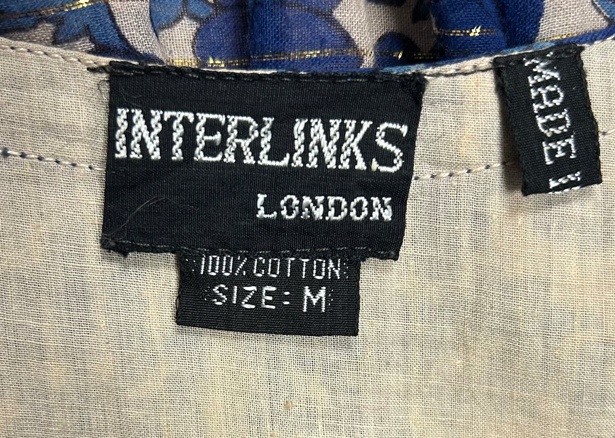 1970s Delft-Blue  and Gold Lurex Interlinks London Cotton Gauze Midi-Dress