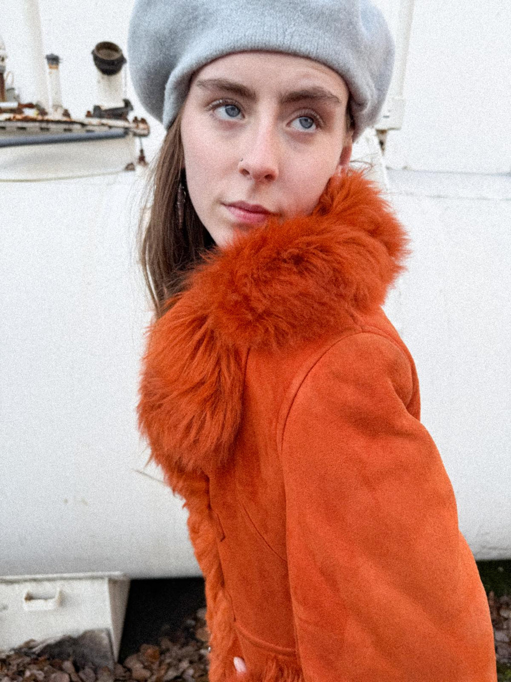 1970s Orange Sheepskin Afghan Penny Lane Coat with Metal Closures