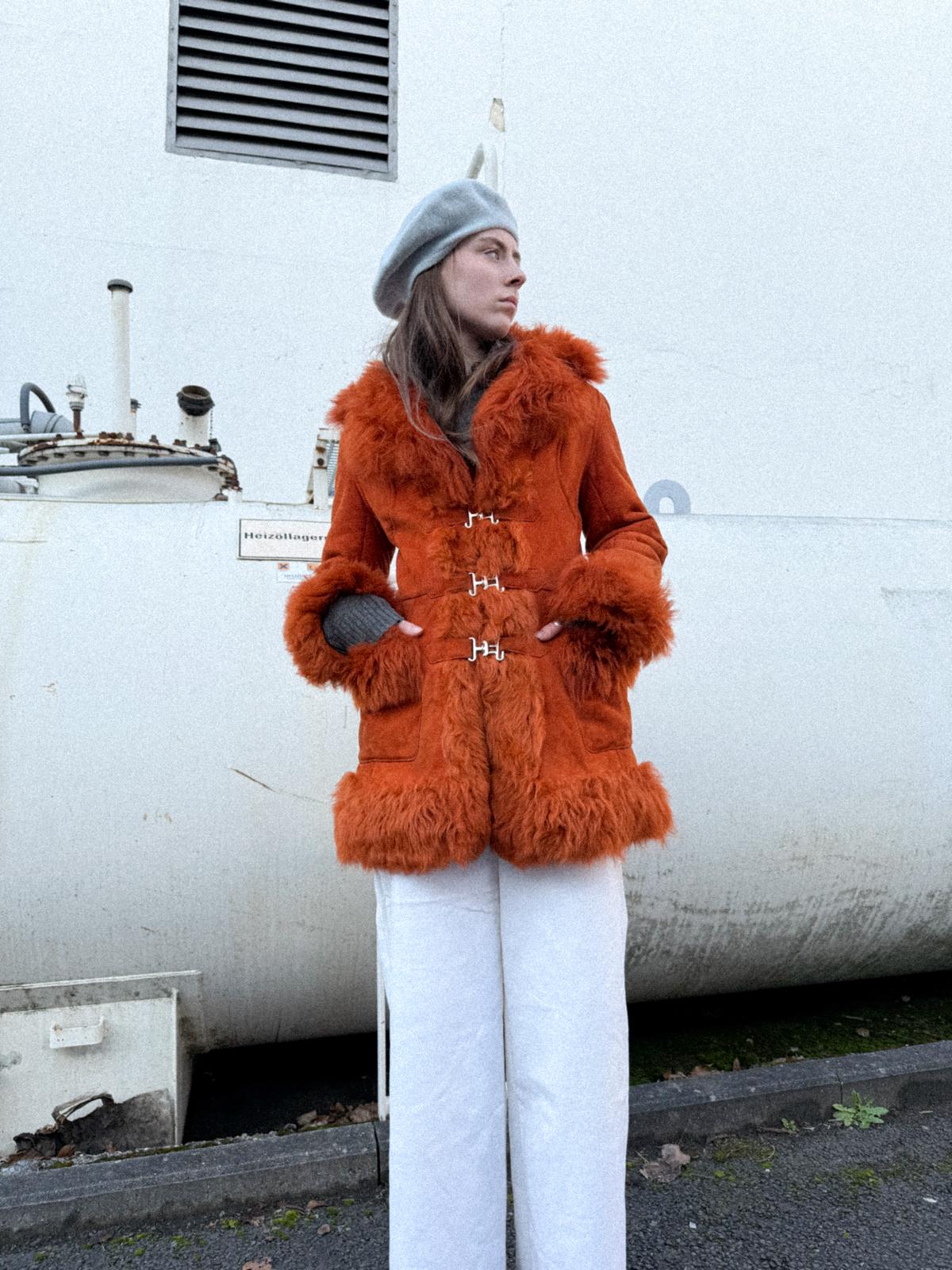 1970s Orange Sheepskin Afghan Penny Lane Coat with Metal Closures