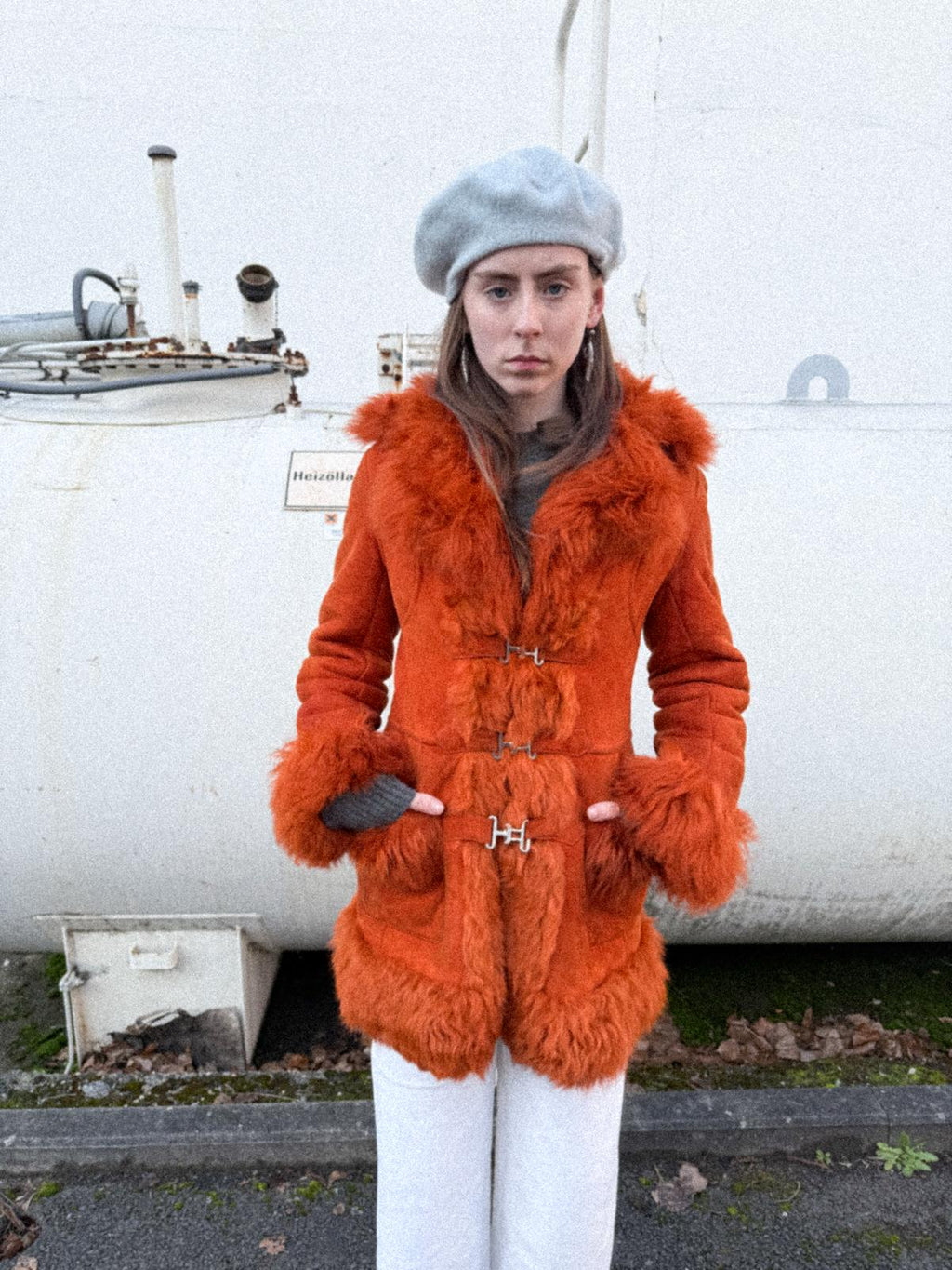 1970s Orange Sheepskin Afghan Penny Lane Coat with Metal Closures