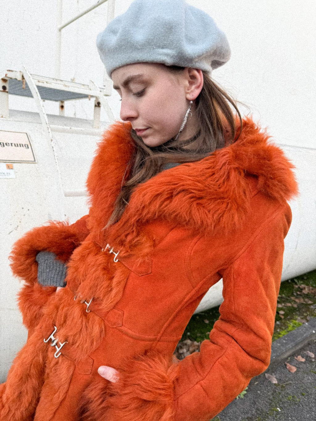 1970s Orange Sheepskin Afghan Penny Lane Coat with Metal Closures