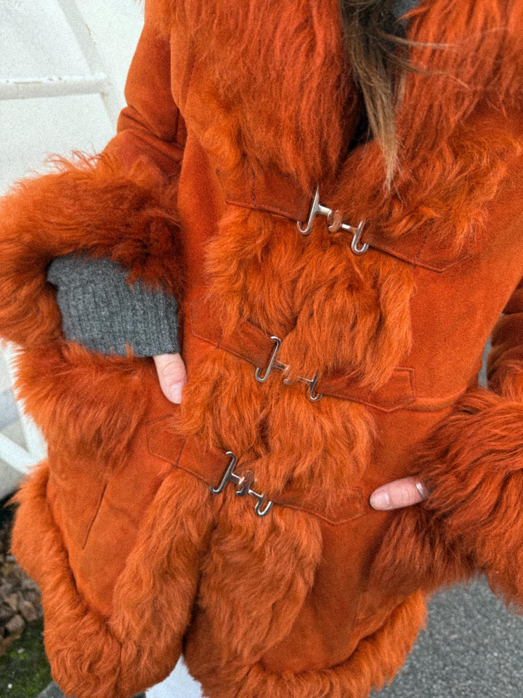 1970s Orange Sheepskin Afghan Penny Lane Coat with Metal Closures