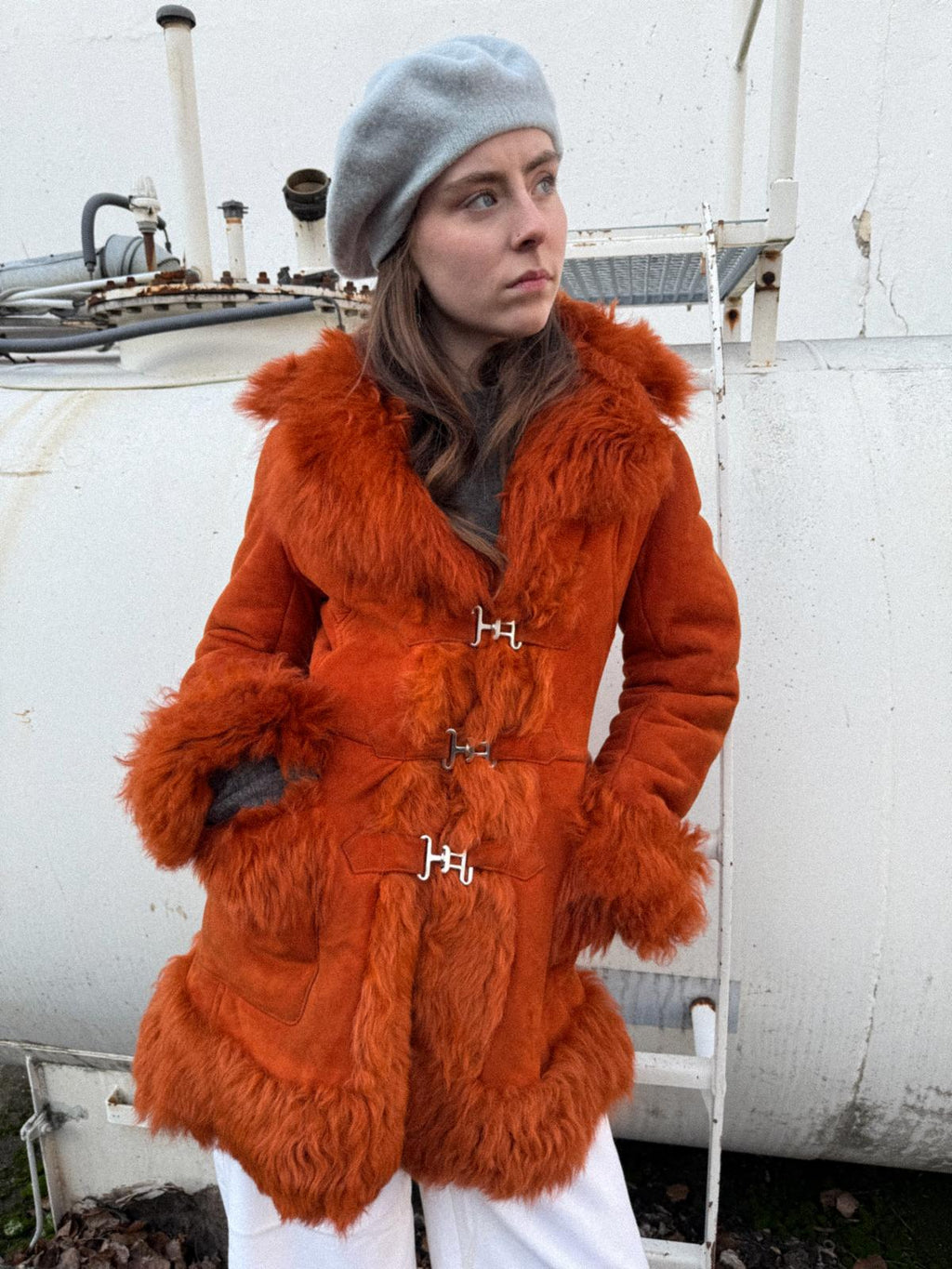 1970s Orange Sheepskin Afghan Penny Lane Coat with Metal Closures