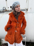 1970s Orange Sheepskin Afghan Penny Lane Coat with Metal Closures