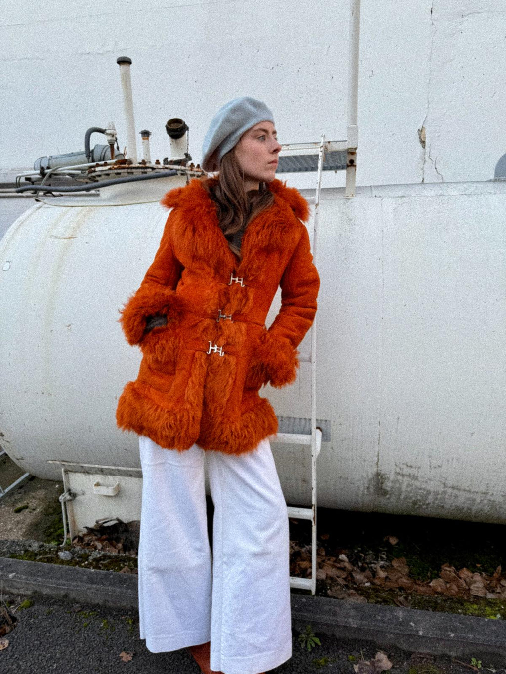 1970s Orange Sheepskin Afghan Penny Lane Coat with Metal Closures