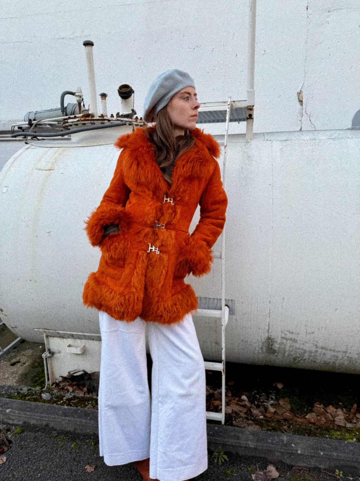 1970s Orange Sheepskin Afghan Penny Lane Coat with Metal Closures