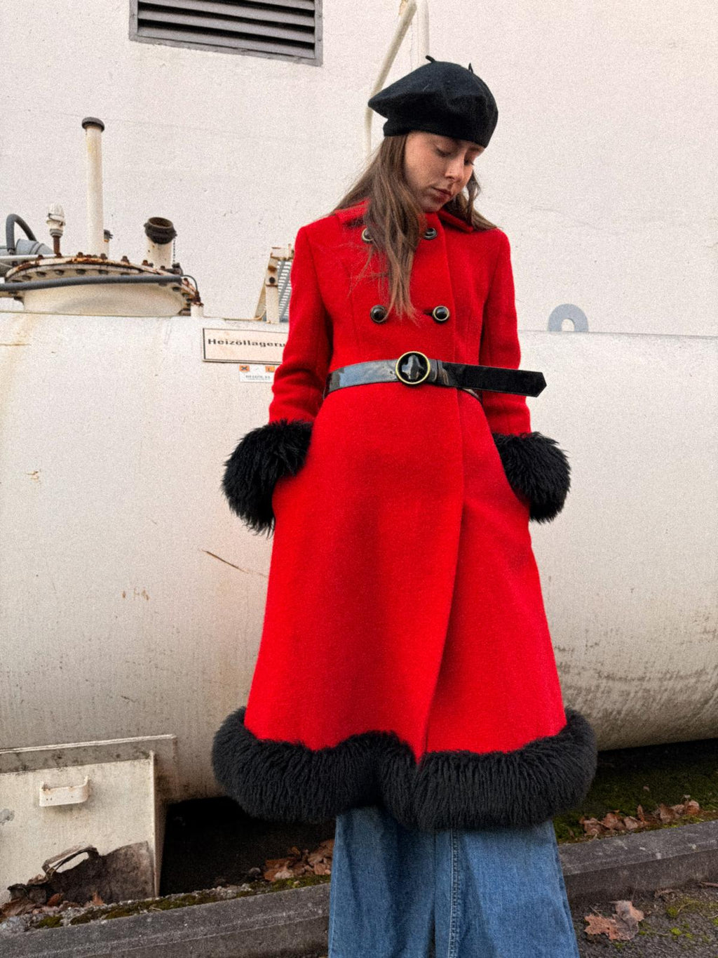 1960s Crimson Wool Long Princess Coat with Faux-Fur Trimmings and Patent PVC Belt